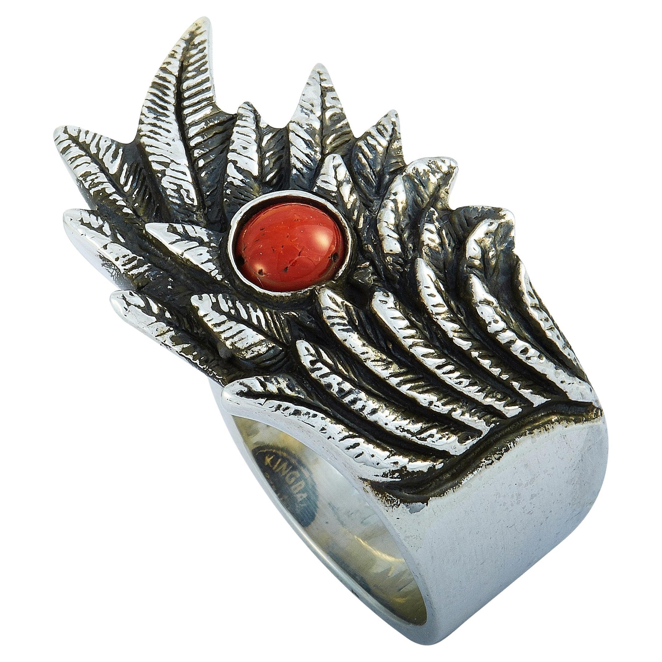 King Baby Raven Wing Sterling Silver and Coral Cabochon Ring For Sale