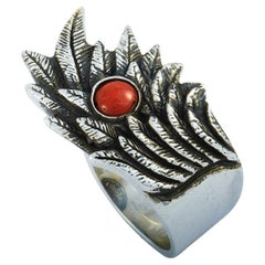 Used King Baby Raven Wing Sterling Silver and Coral Cabochon Ring