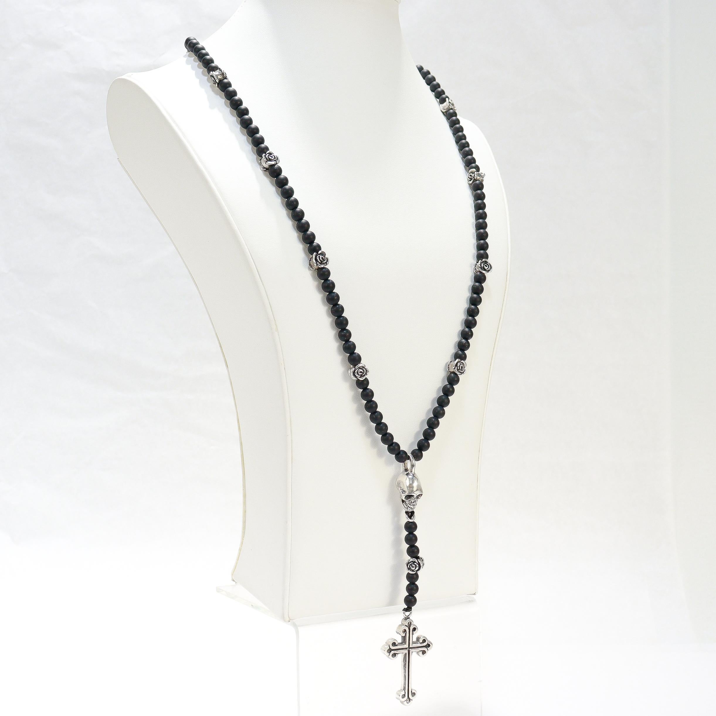 Chapelet King Baby avec perles en onyx, tête de mort en argent et croix traditionnelle en vente 3