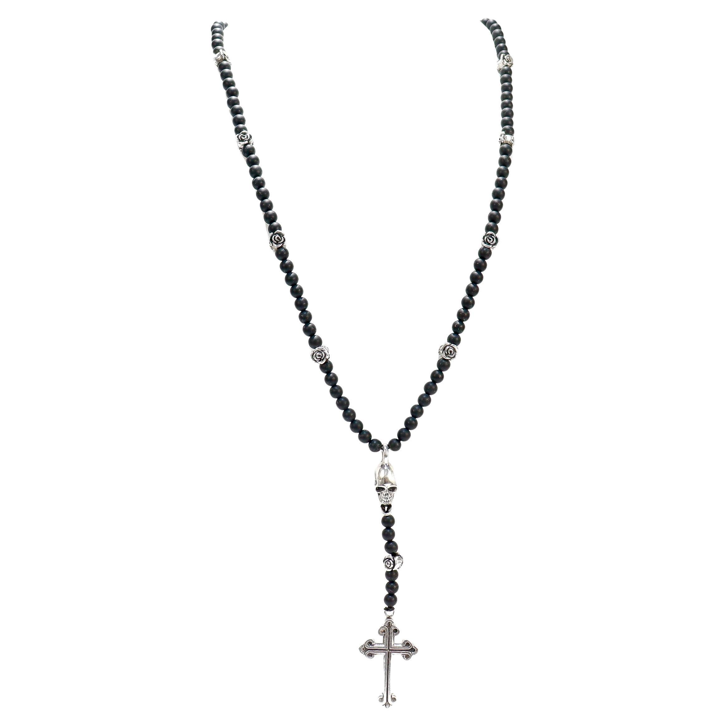 Chapelet King Baby avec perles en onyx, tête de mort en argent et croix traditionnelle en vente