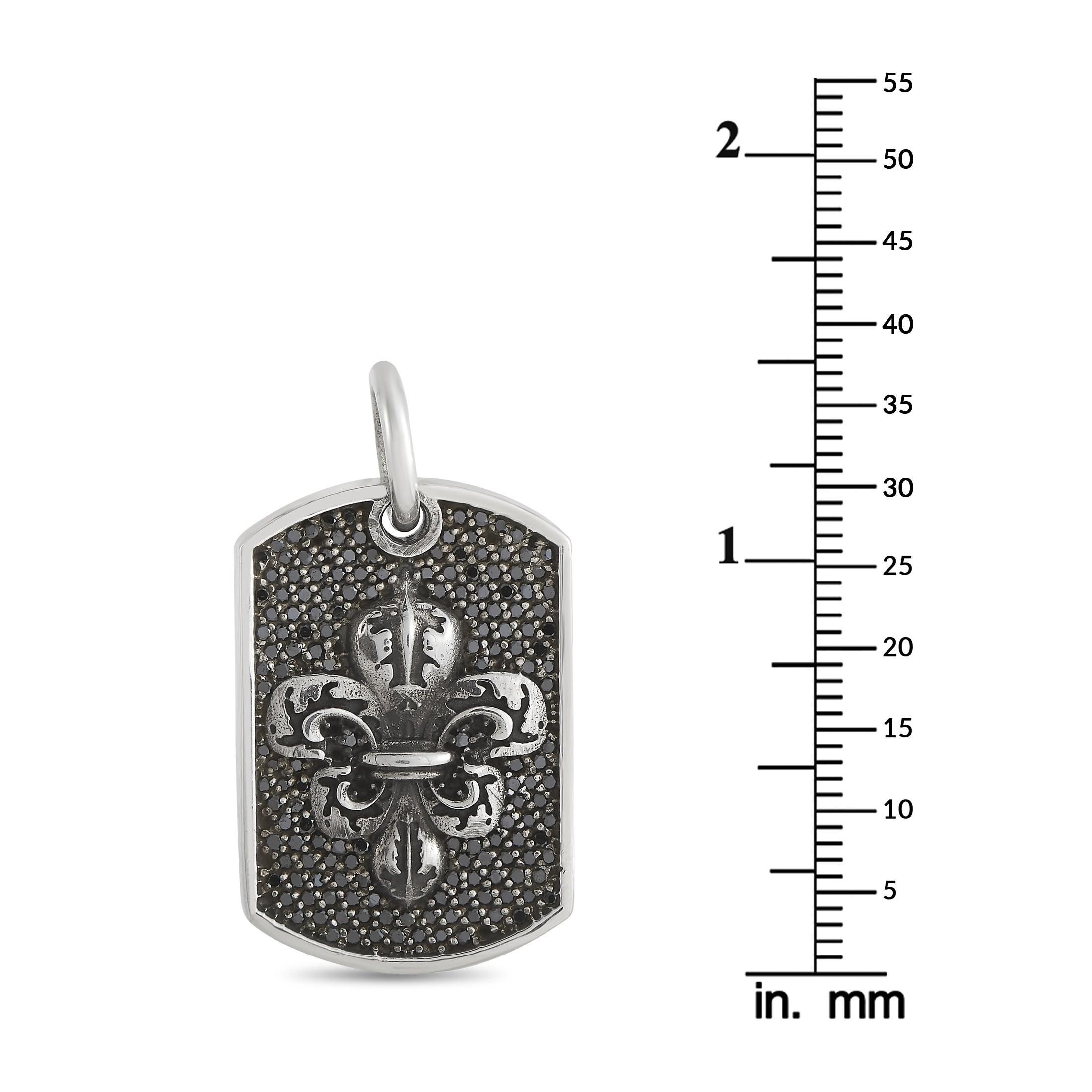 Mixed Cut King Baby Silver and Black Diamond Fleur-de-Lis Relic Dog Tag Pendant For Sale