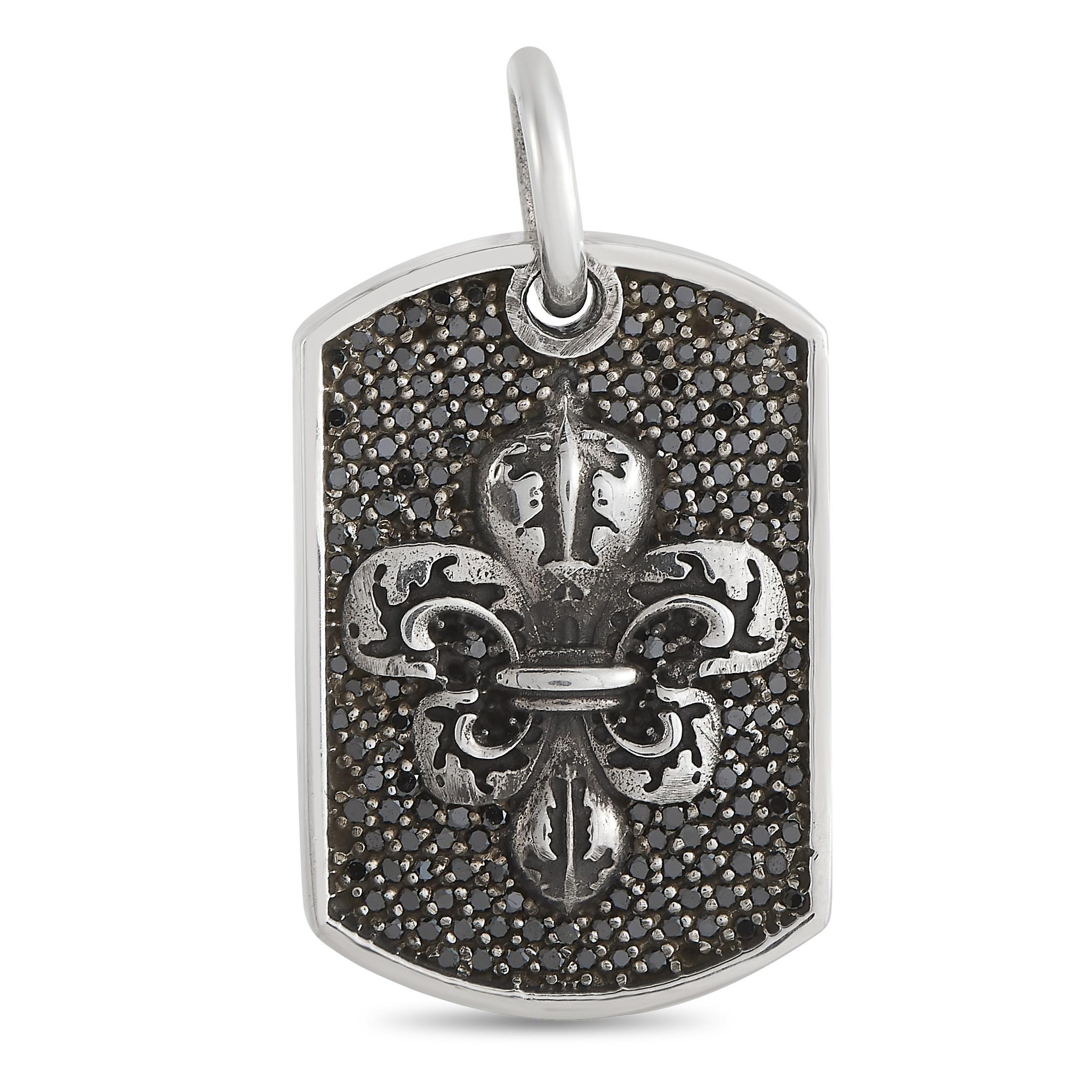 King Baby Silver and Black Diamond Fleur-de-Lis Relic Dog Tag Pendant In New Condition For Sale In Southampton, PA