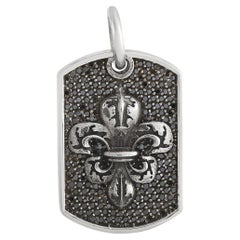 King Baby Silver and Black Diamond Fleur-de-Lis Relic Dog Tag Pendant