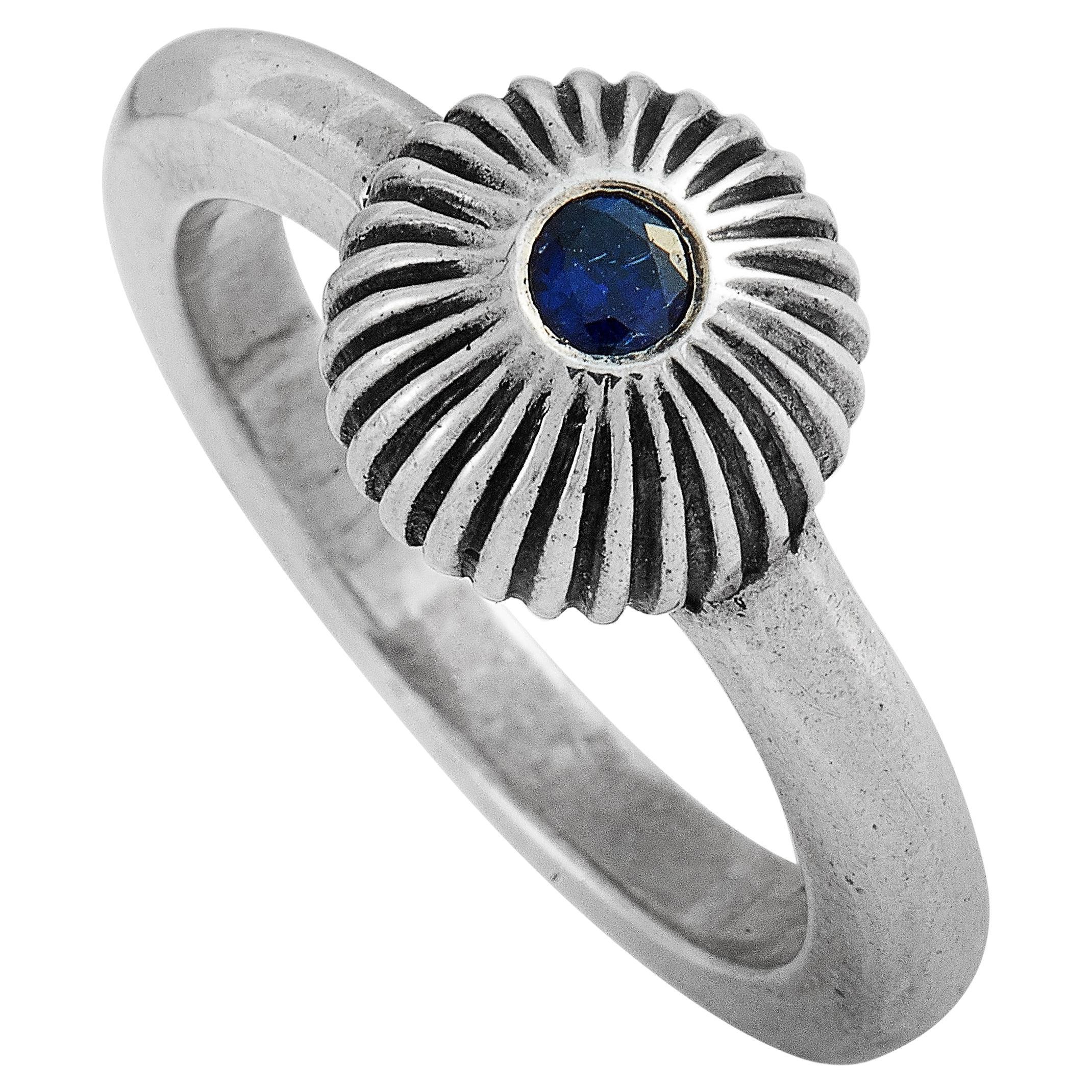 King Baby Silver and Blue Sapphire Ribbed Sphere Ring For Sale