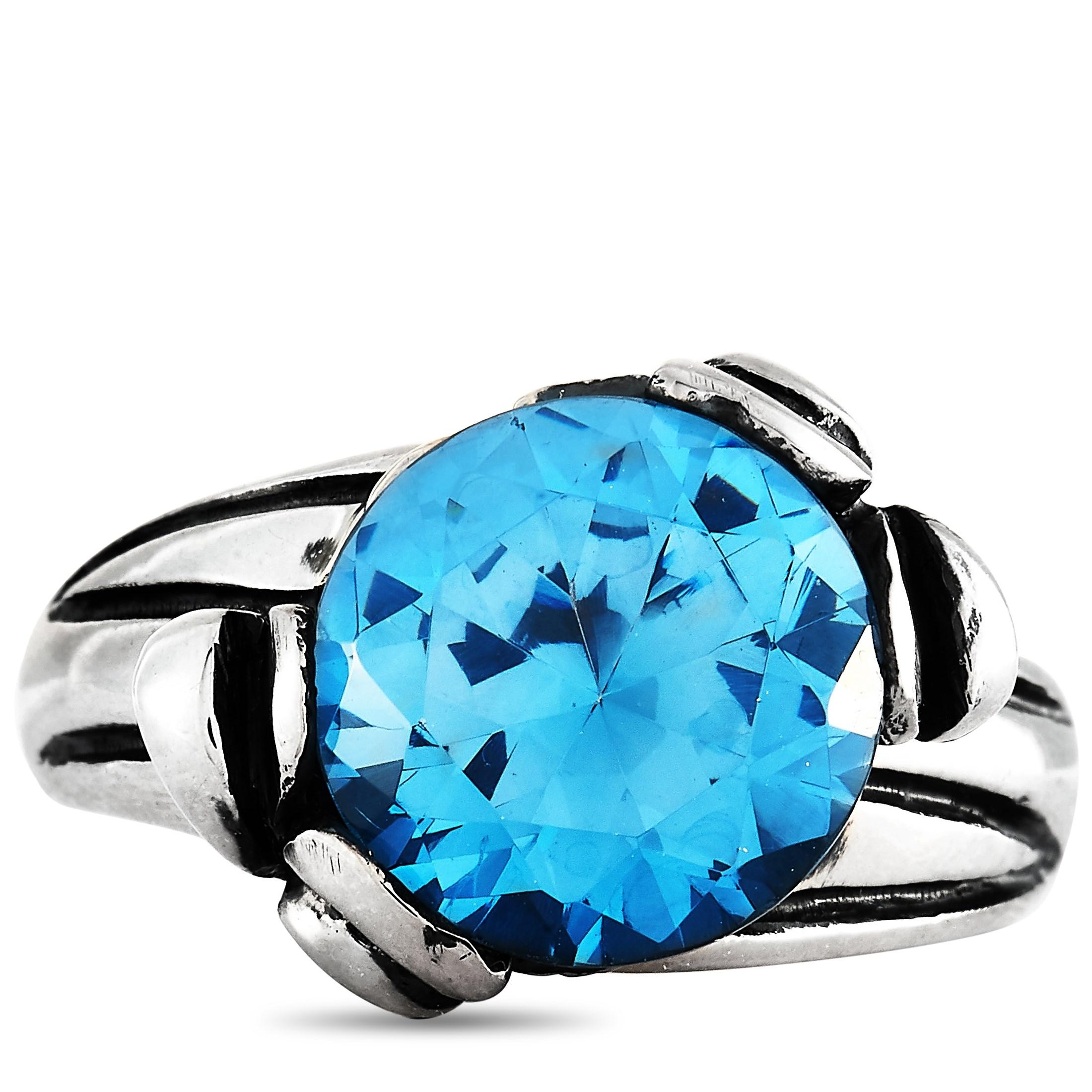 Mixed Cut King Baby Silver and Blue Topaz Floral Pattern Ring For Sale
