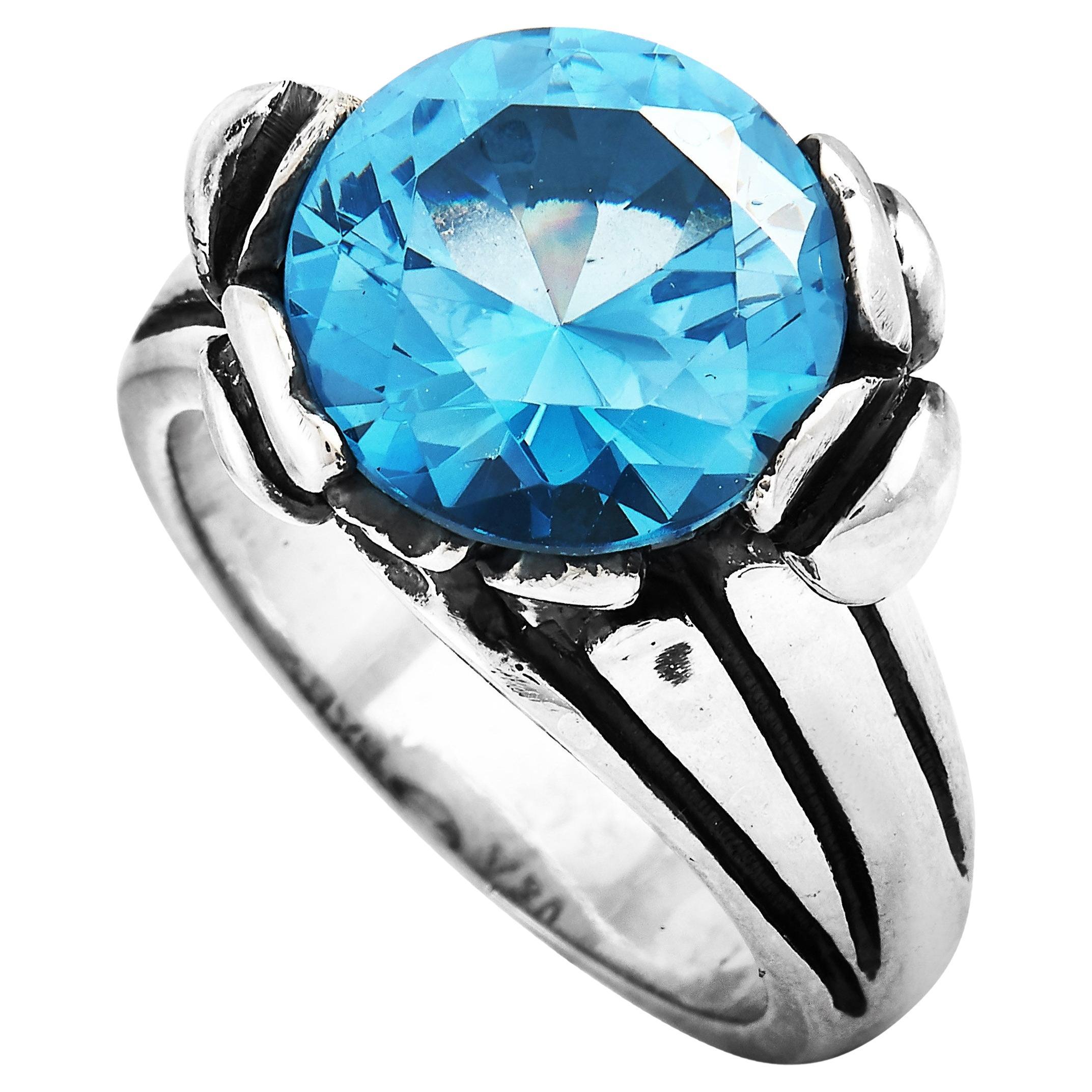 King Baby Silver and Blue Topaz Floral Pattern Ring For Sale