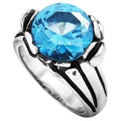 Used King Baby Silver and Blue Topaz Floral Pattern Ring