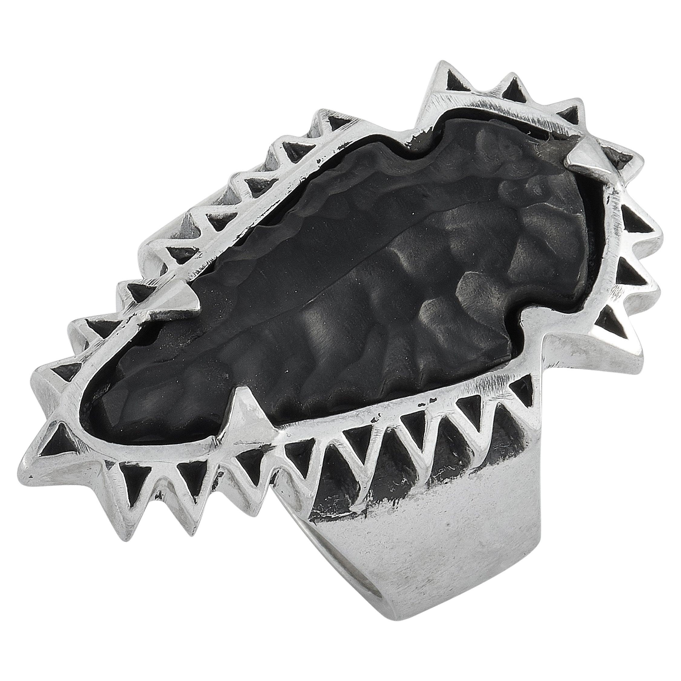 King Baby Silver and Carved Jet Arrowhead in Sawtooth Ring For Sale