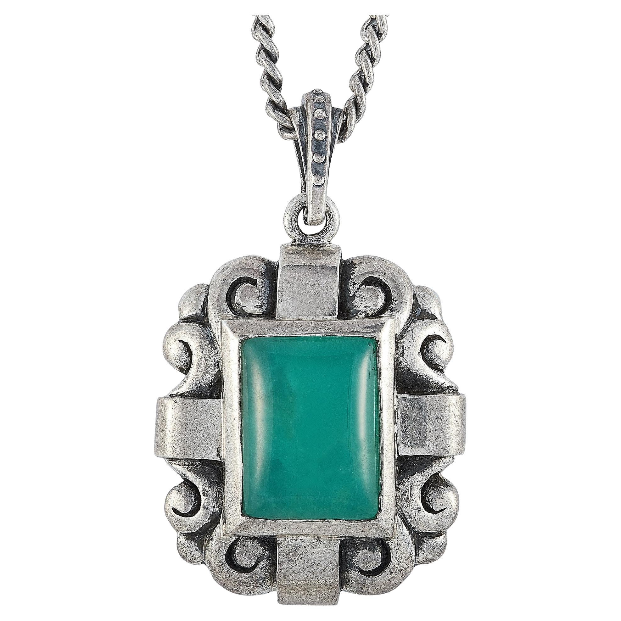 King Baby Silver and Chrysoprase Scrollwork Pendant Necklace For Sale