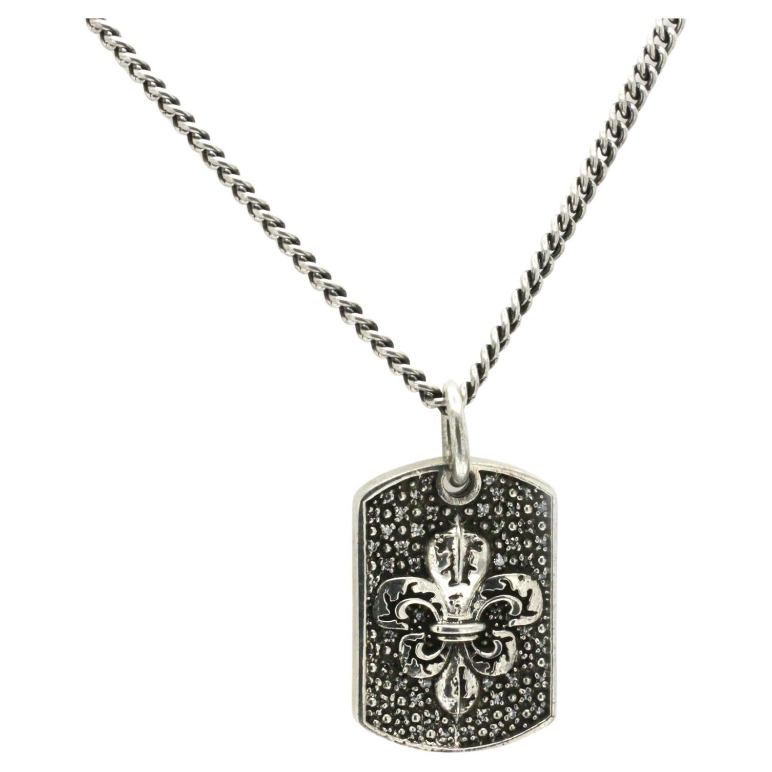 King Baby Silver and Diamond Fleur-de-Lis Relic Dog Tag Pendant Necklace For Sale
