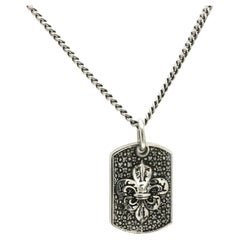 King Baby Silver and Diamond Fleur-de-Lis Relic Dog Tag Pendant Necklace