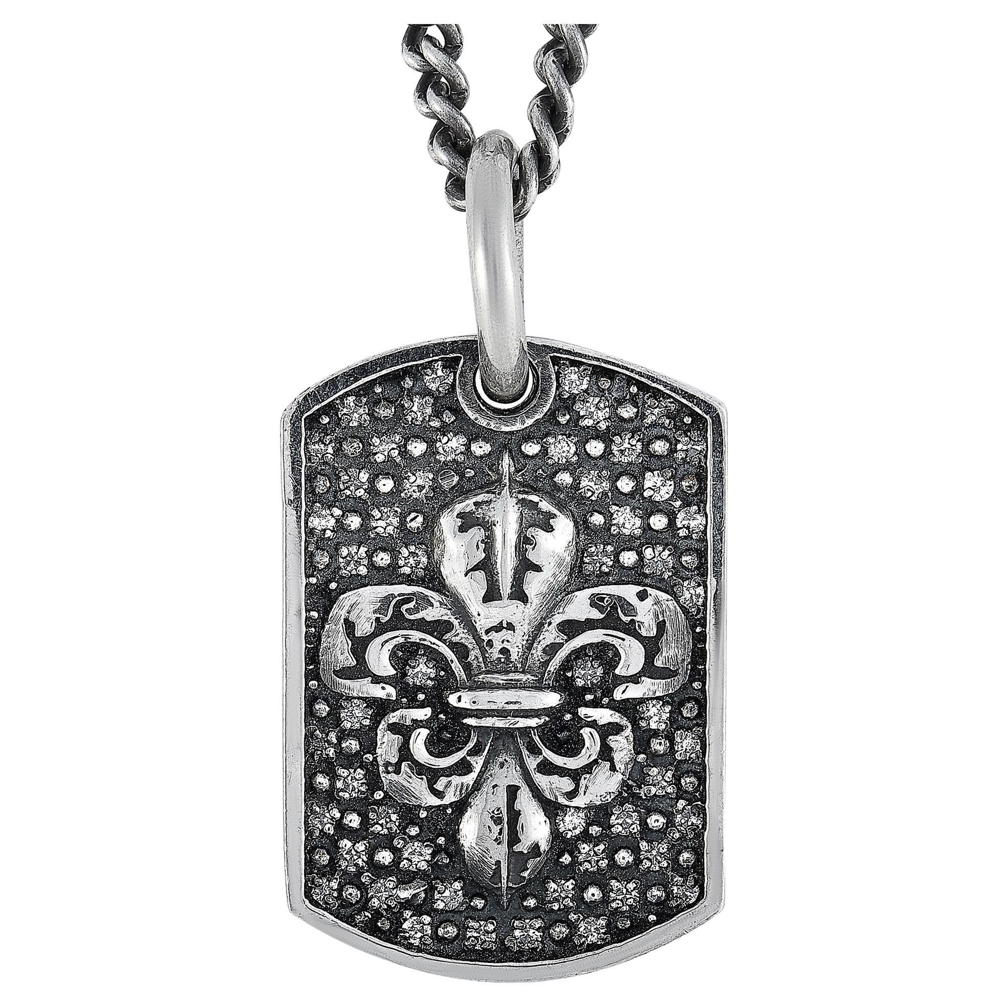 King Baby Silver and Diamond FleurdeLis Relic Dog Tag Pendant