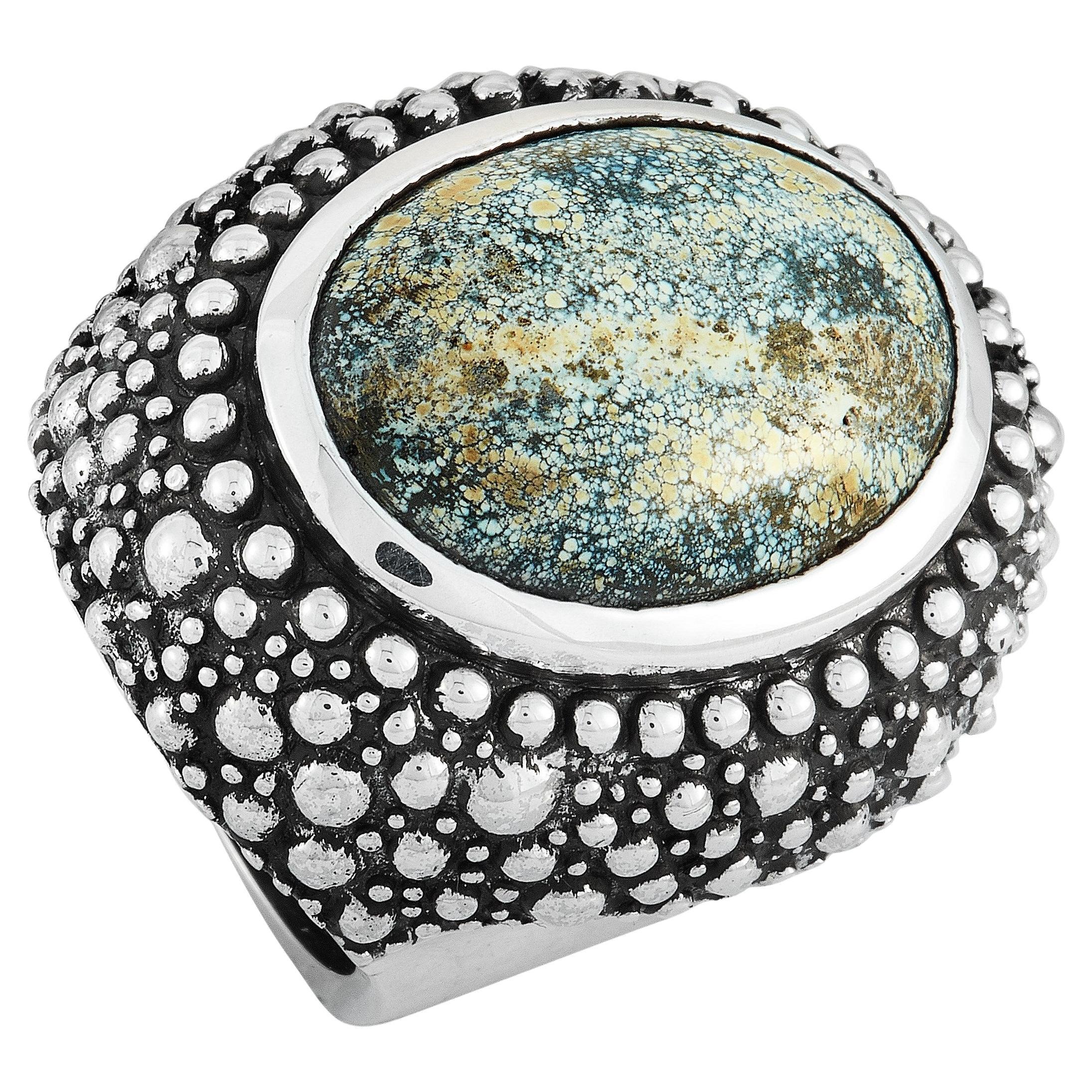 King Baby Silver and Spotted Turquoise Beaded Texture Ring For Sale
