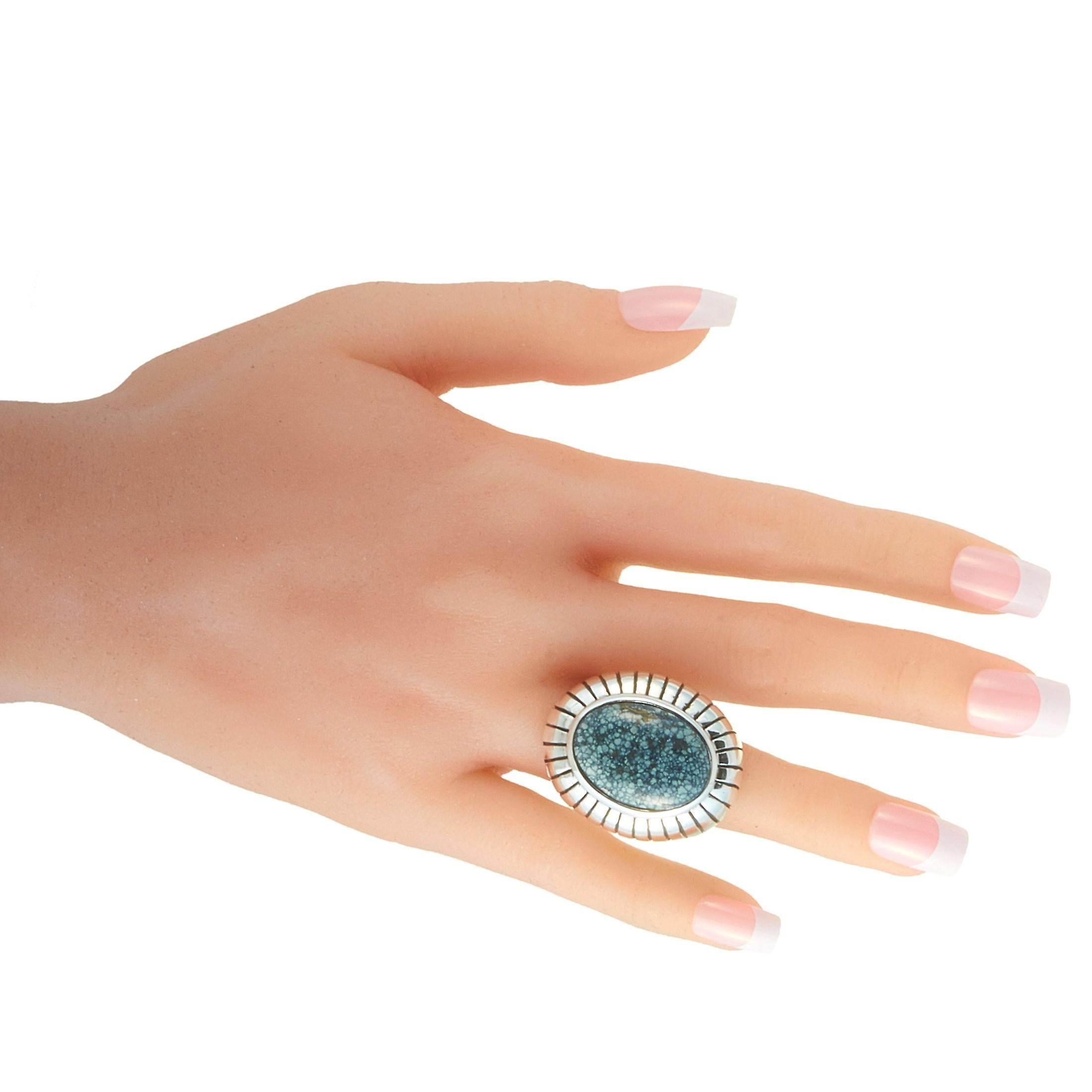 Mixed Cut King Baby Silver and Spotted Turquoise Ring For Sale