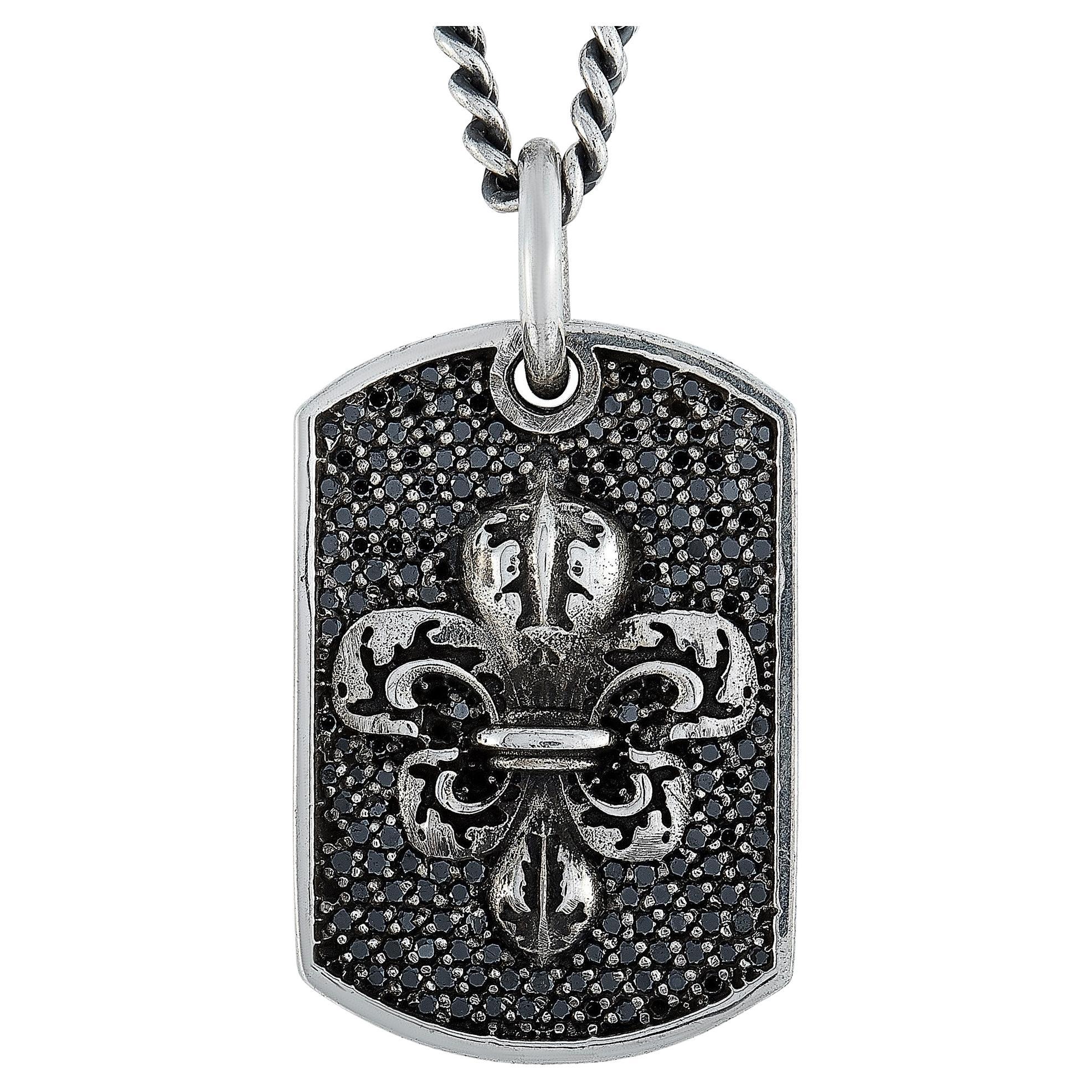 King Baby-Silber & Schwarzer Diamant Fleur-de-Lis Relic Hunde-Tag-Anhänger Halskette