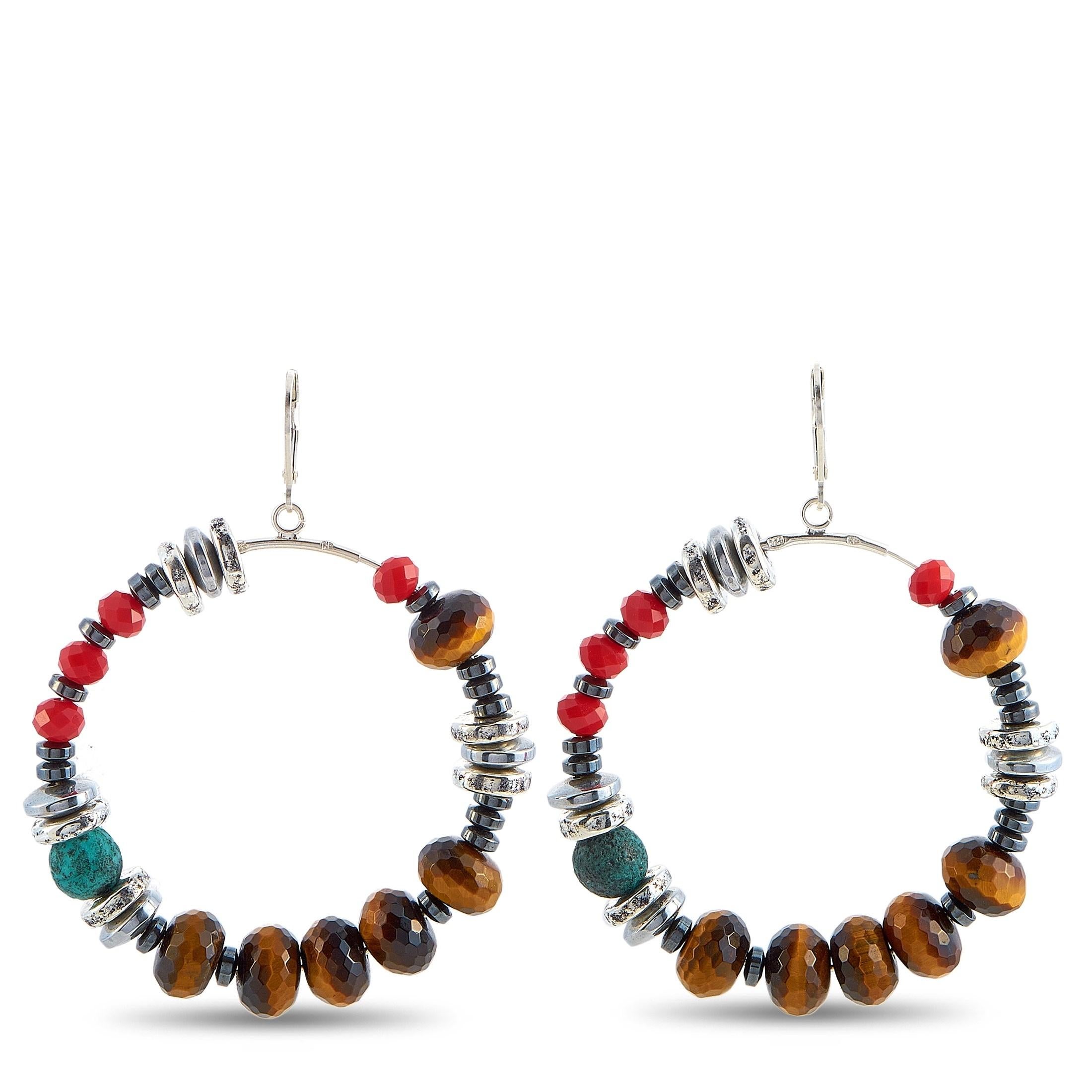 Mixed Cut King Baby Silver Ceramic, Hematite and Czech Glass Bead Hoop Earrings For Sale