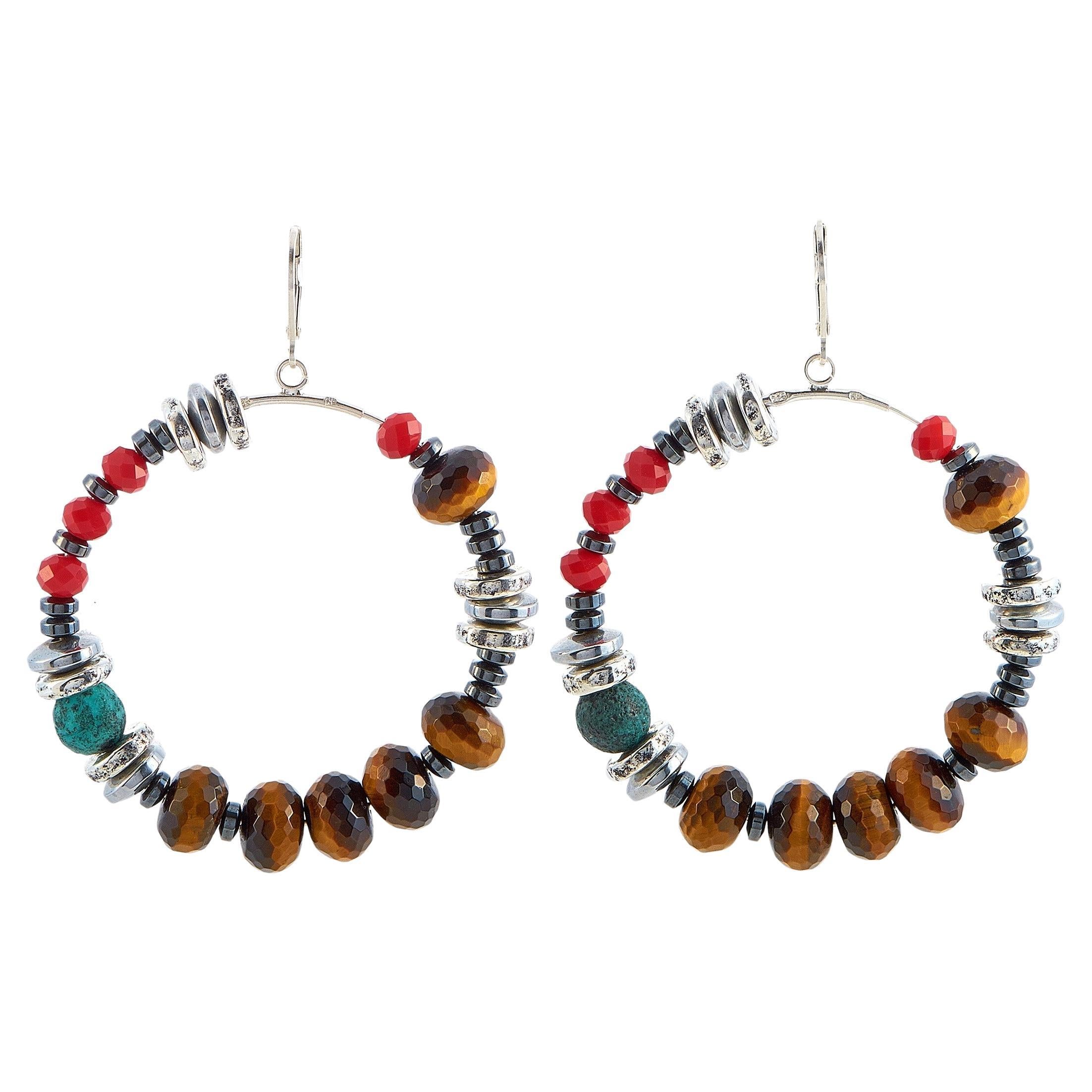 King Baby Silver Ceramic, Hematite and Czech Glass Bead Hoop Earrings For Sale