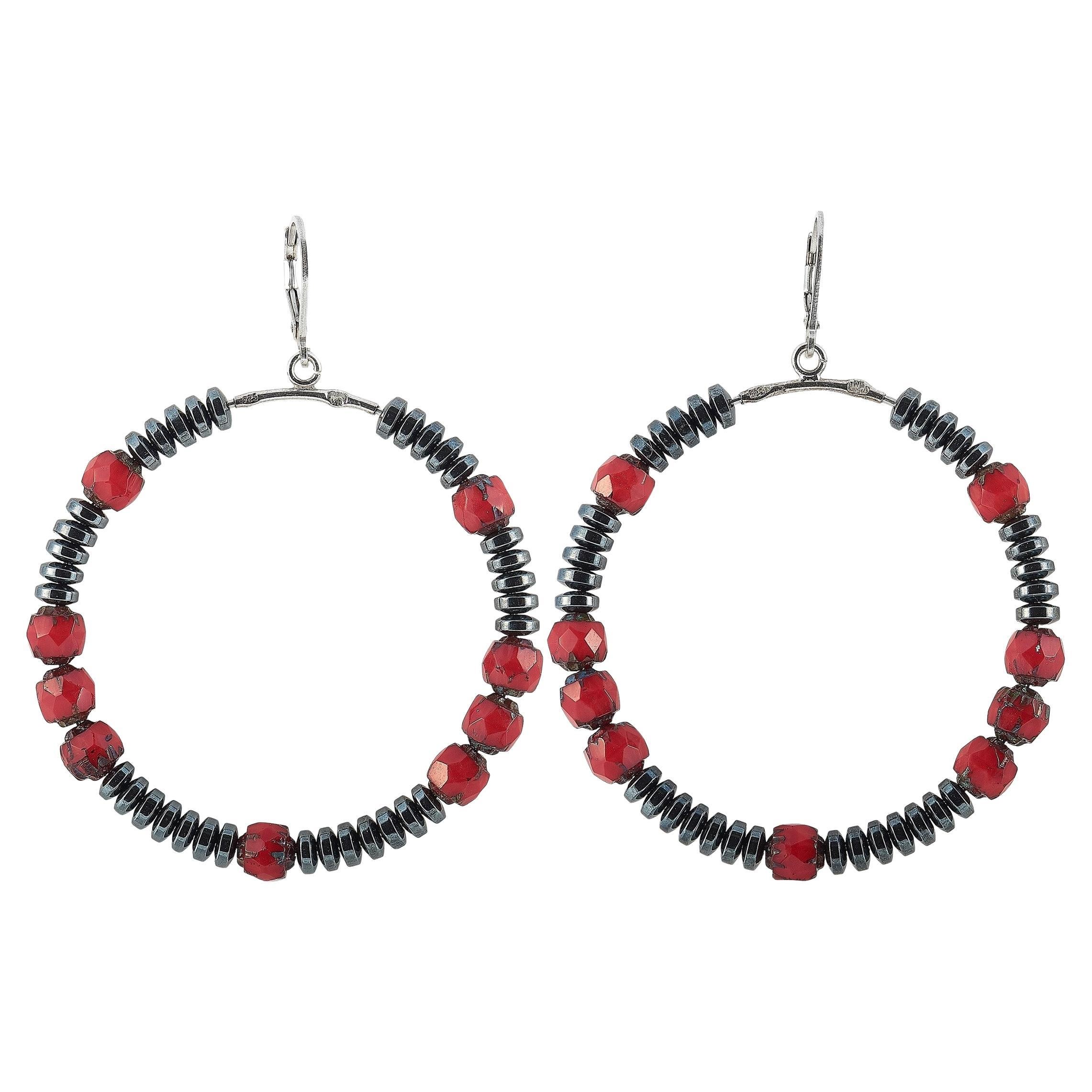 King Baby Silver Hematite and Czech Glass Bead Hoop Earrings For Sale