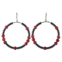 Used King Baby Silver Hematite and Czech Glass Bead Hoop Earrings