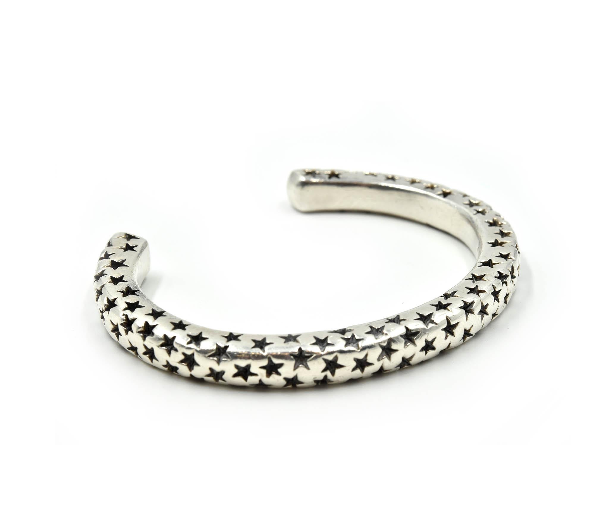 Designer: King Baby
Material: sterling silver
Dimensions: cuff bracelet measures 6 ½-inches long and ¼-inches wide
Weight: 66.50 grams
Retail: $835
