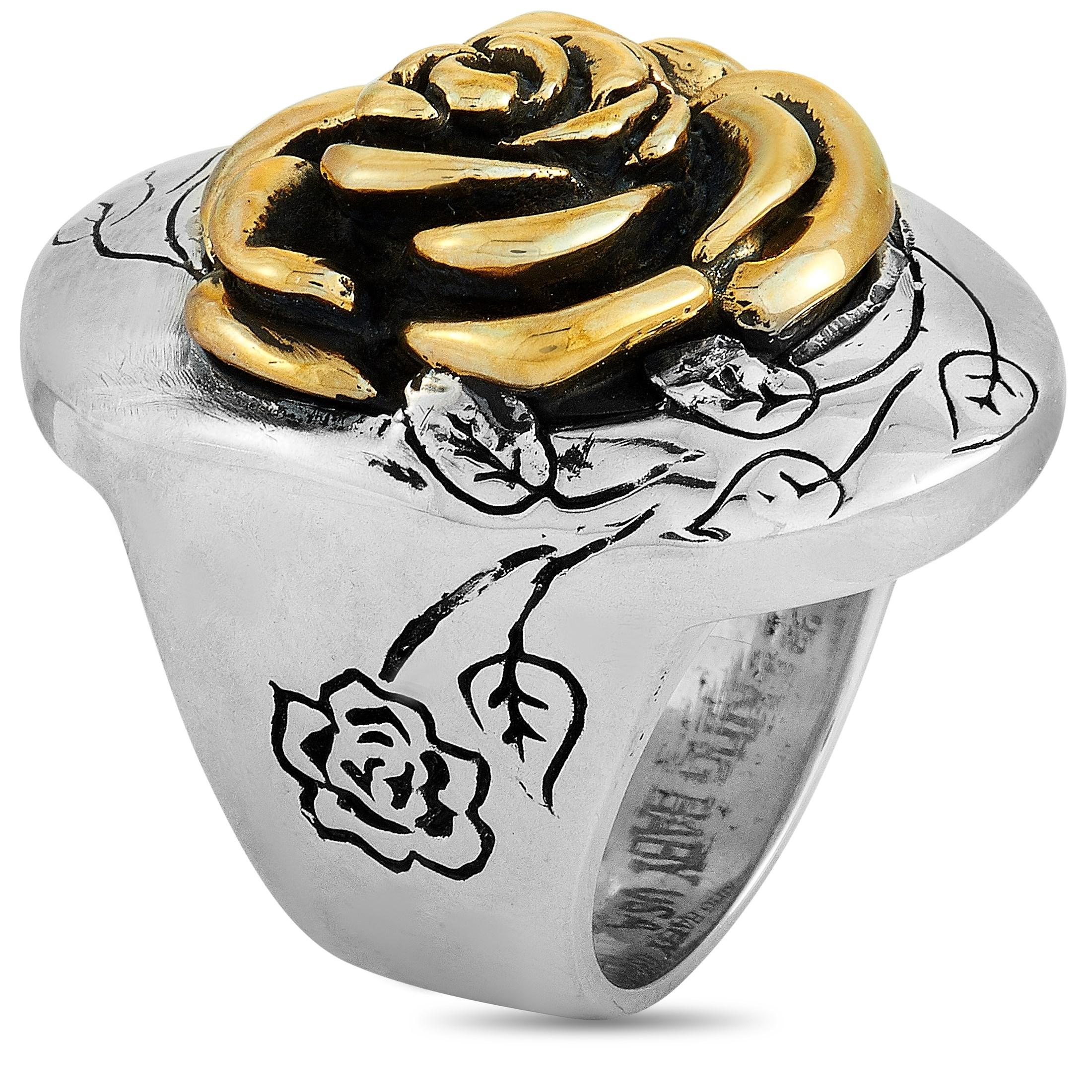 This King Baby rose ring is made out of sterling silver and alloy and weighs 53.5 grams. The ring boasts a band thickness of 8 mm and a top height of 12 mm, while top dimensions measure 23 by 34 mm.

Offered in brand-new condition, this item