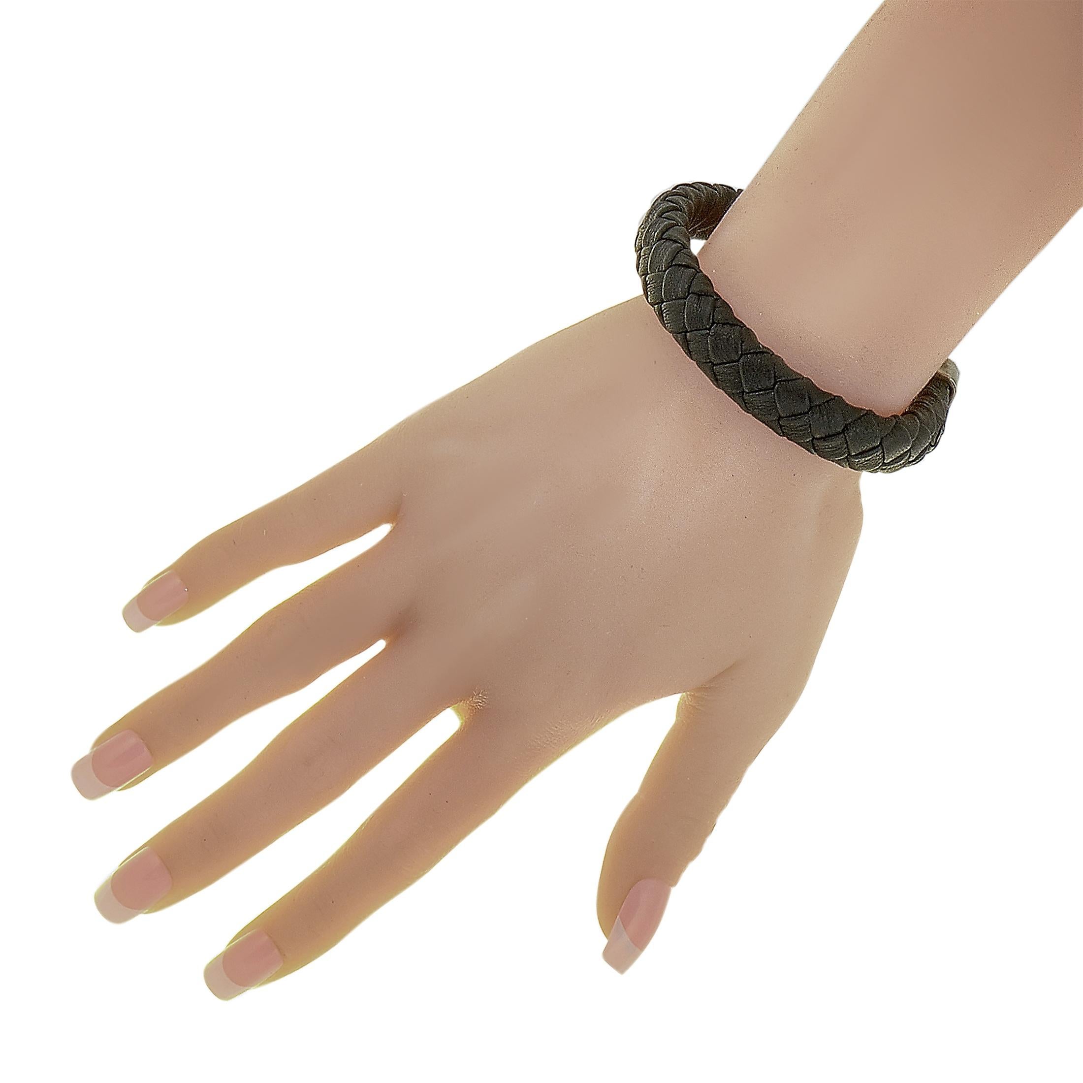 This King Baby bracelet is made out of sterling silver and black leather and weighs 29.3 grams, measuring 8.50” in length.

Offered in brand new condition, the bracelet includes the manufacturer’s pouch.