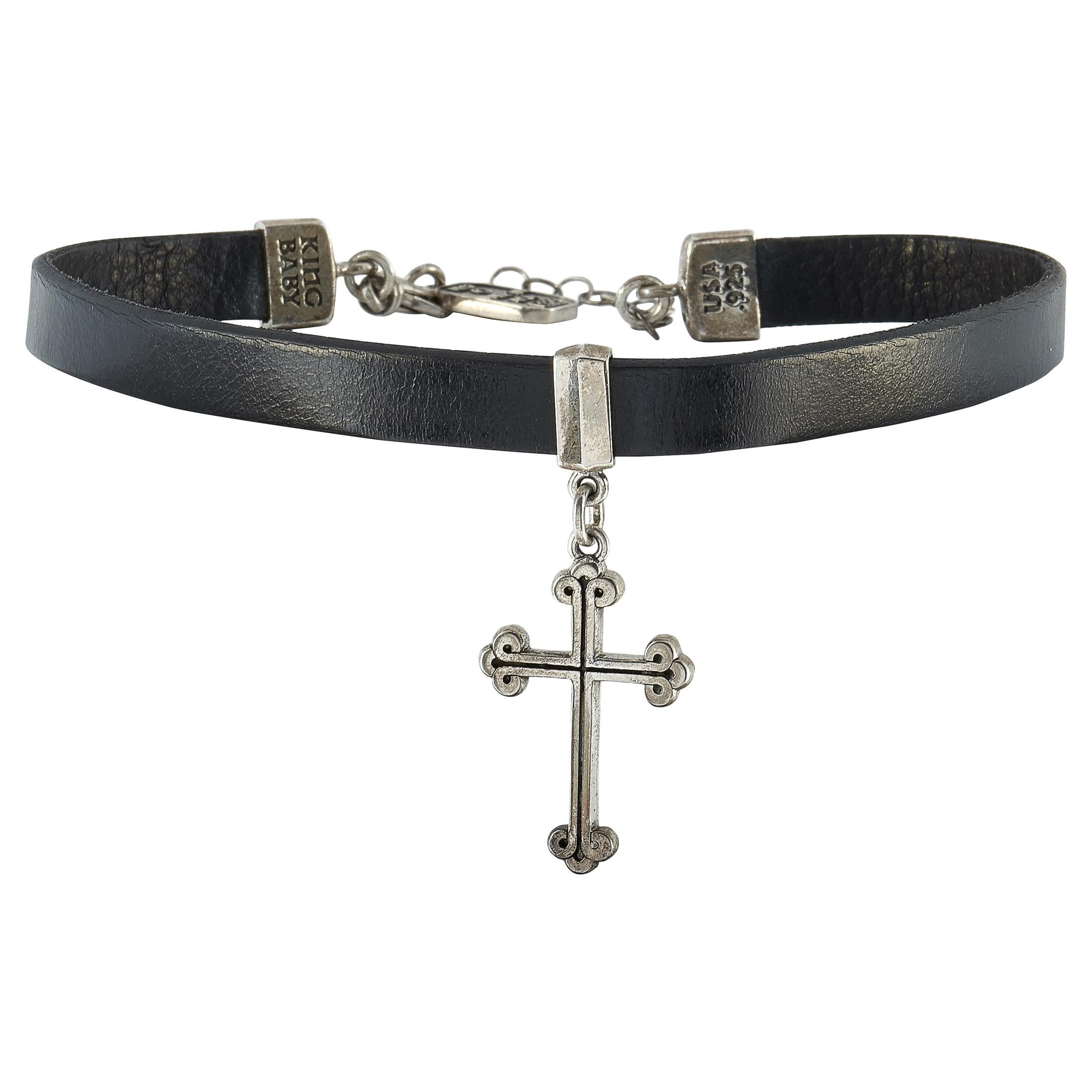 King Baby Sterling Silver and Black Leather Cross Choker Necklace