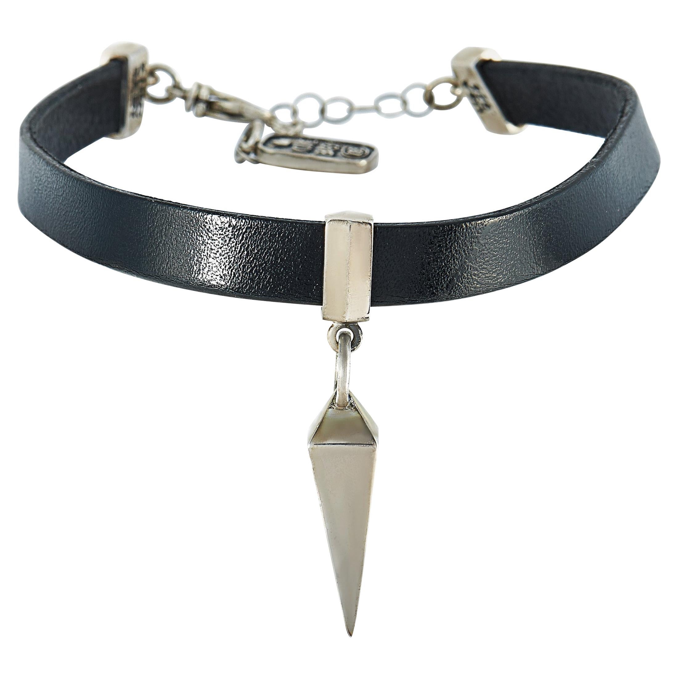 King Baby Sterling Silver and Black Leather Pyramid Spike Choker Necklace