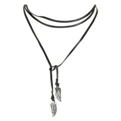 King Baby Sterling Silver and Black Leather Wing Wrap Necklace