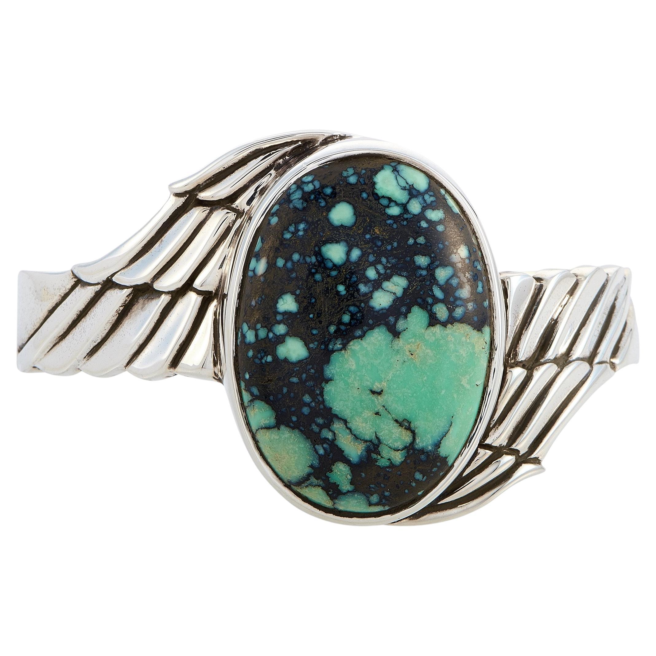King Baby Sterling Silver and Spotted Turquoise Wing Cuff Bracelet For Sale