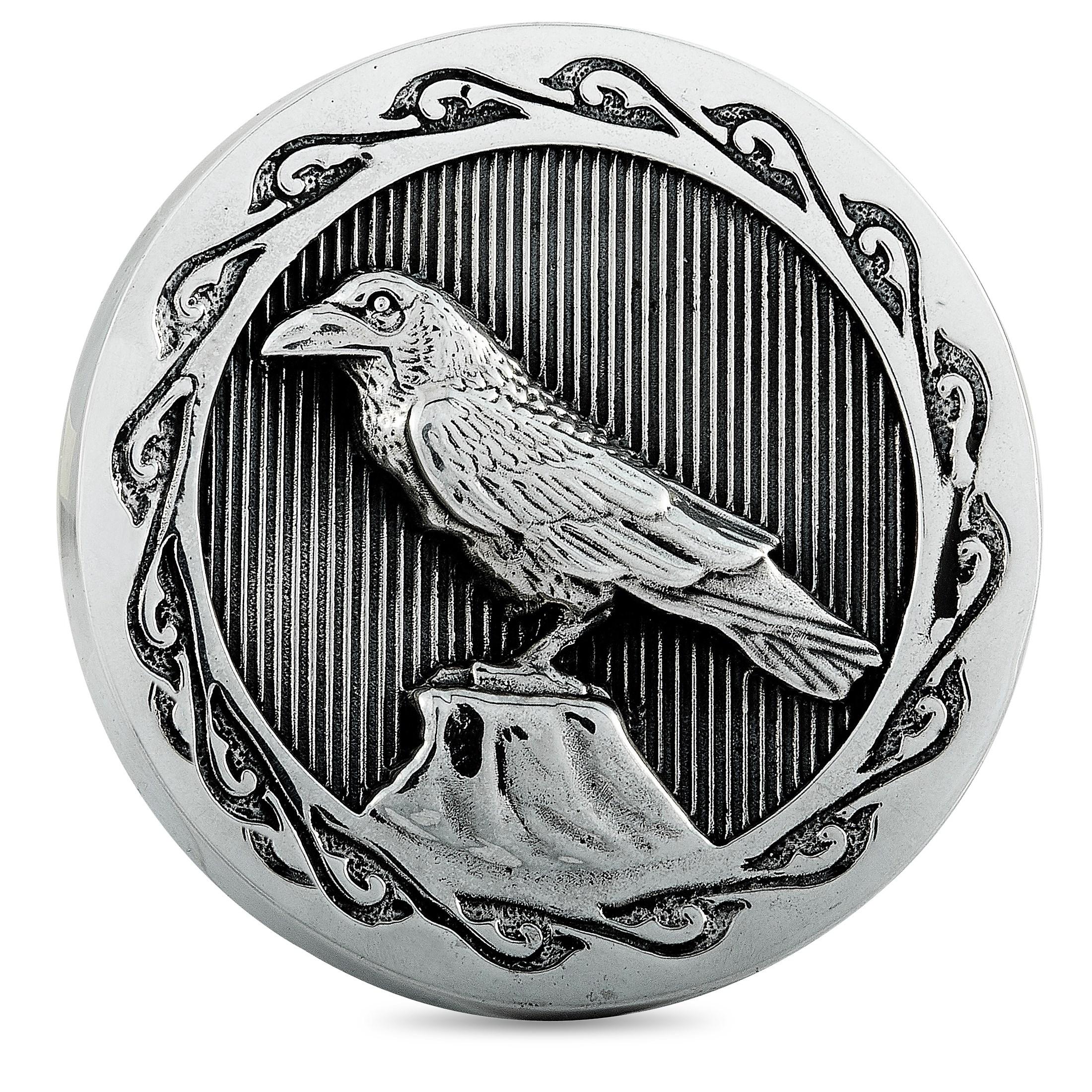This King Baby stash box is made of wood and boasts a sterling silver lid that features a carving of a bird. The box weighs 118.1 grams and measures 2.50” in diameter with a 1” height.

Offered in brand-new condition, this item includes the