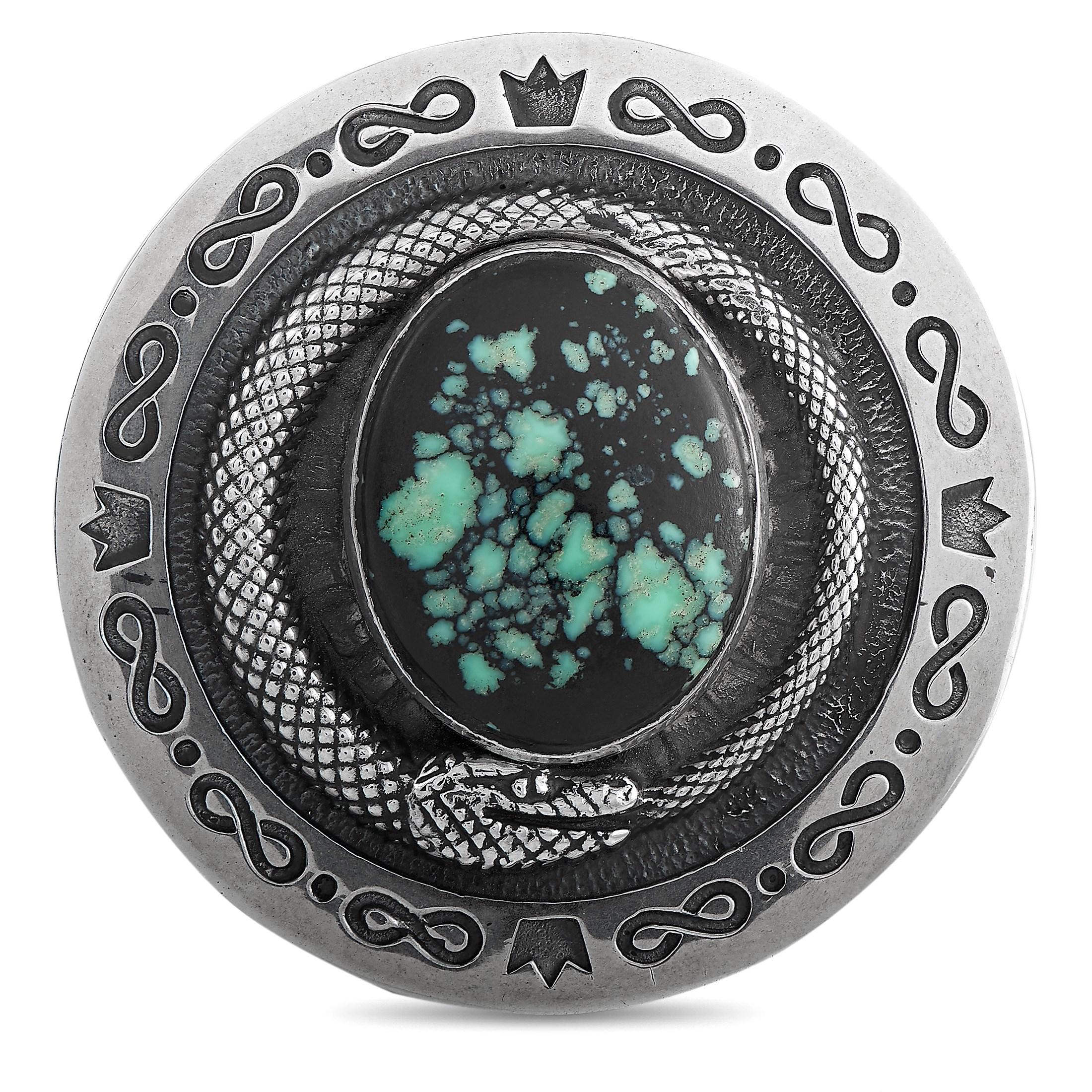 This King Baby stash box is made of bamboo wood and boasts a sterling silver lid that is set with turquoise and features a snake motif. The box measures 2.50” in diameter and 1” in height.

Offered in brand-new condition, this item includes the
