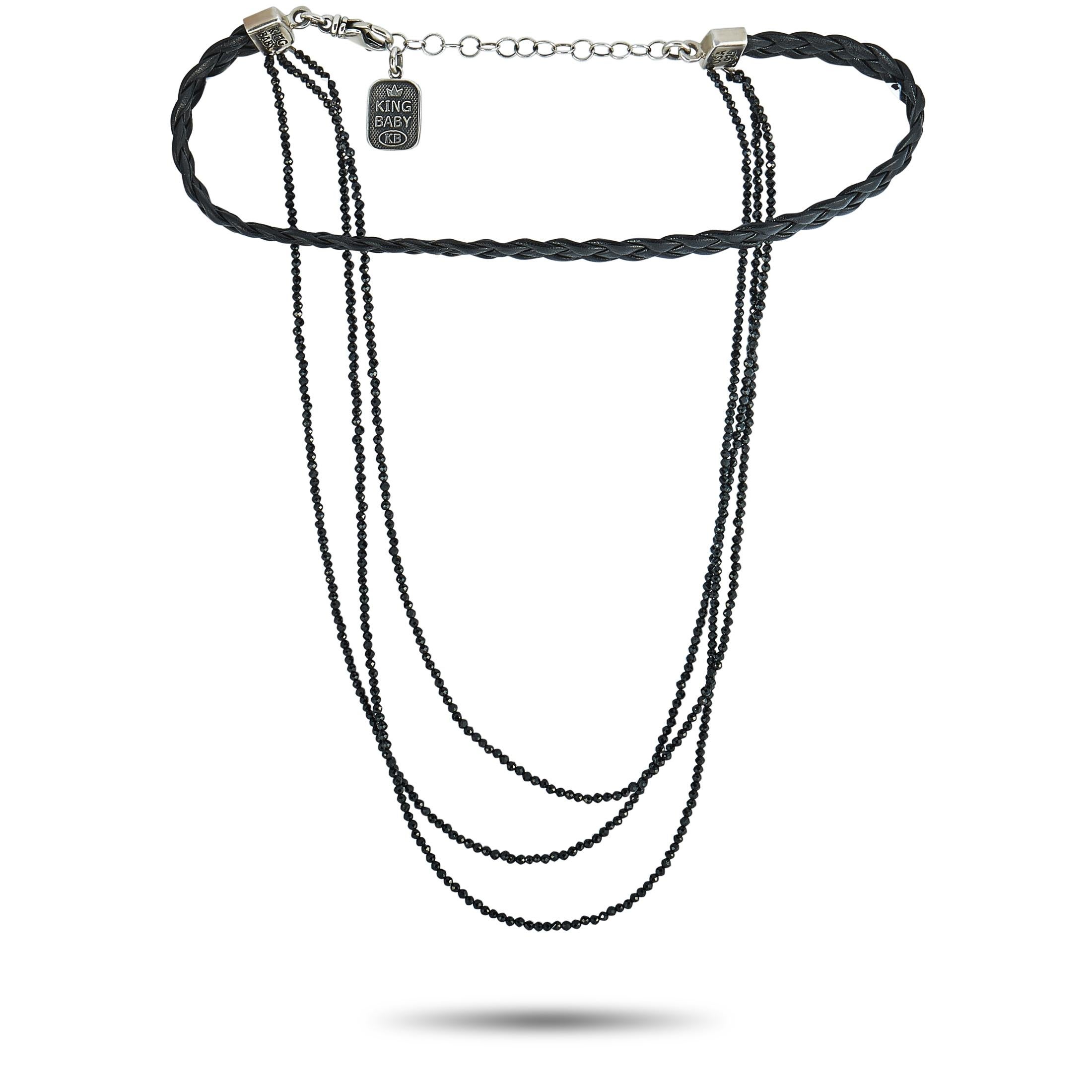 King Baby Sterling Silver Black Leather Spinel Multistrand Choker Necklace In New Condition In Southampton, PA
