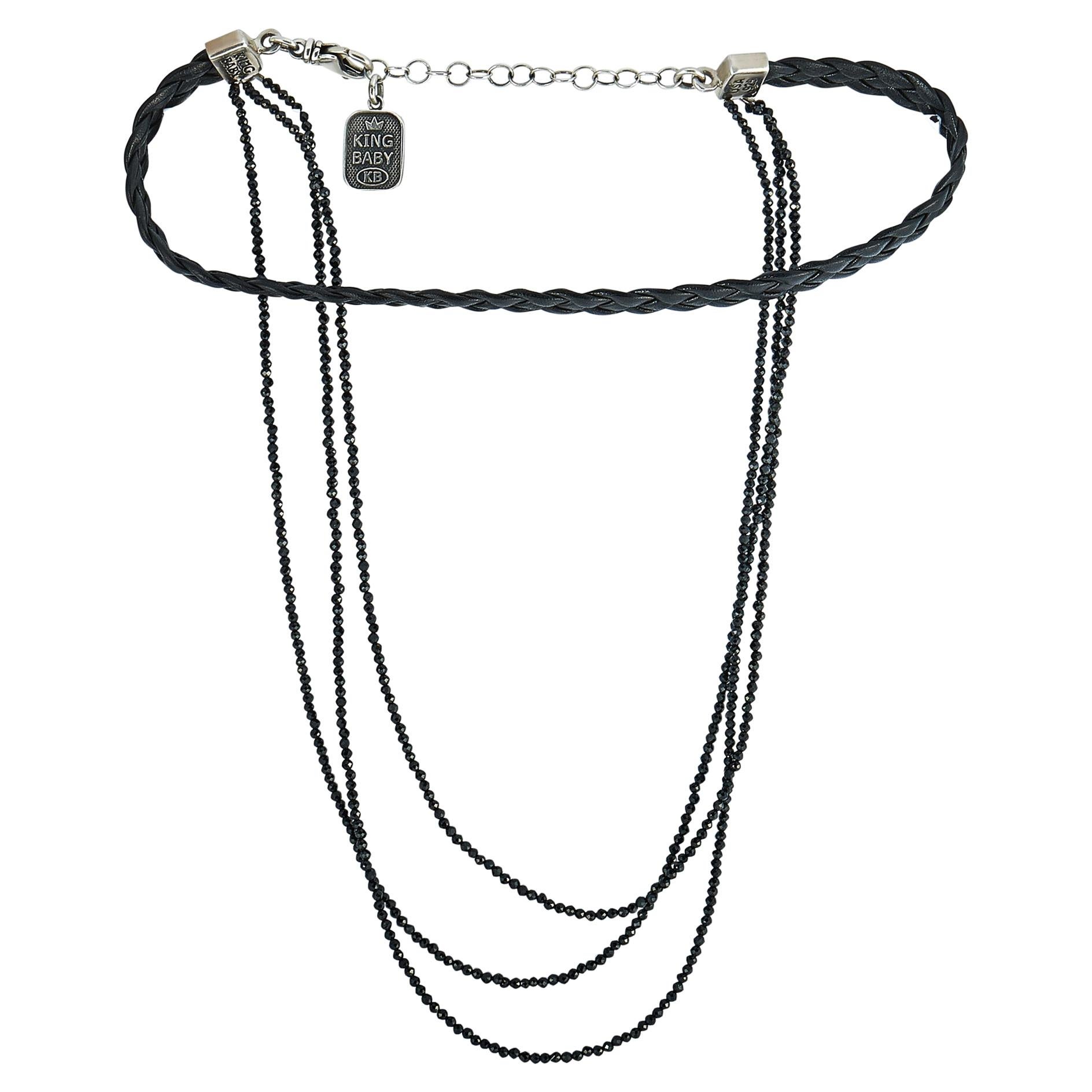 King Baby Sterling Silver Black Leather Spinel Multistrand Choker Necklace