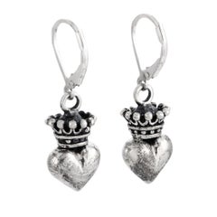 King Baby Sterling Silver Crowned Heart Dangle Earrings