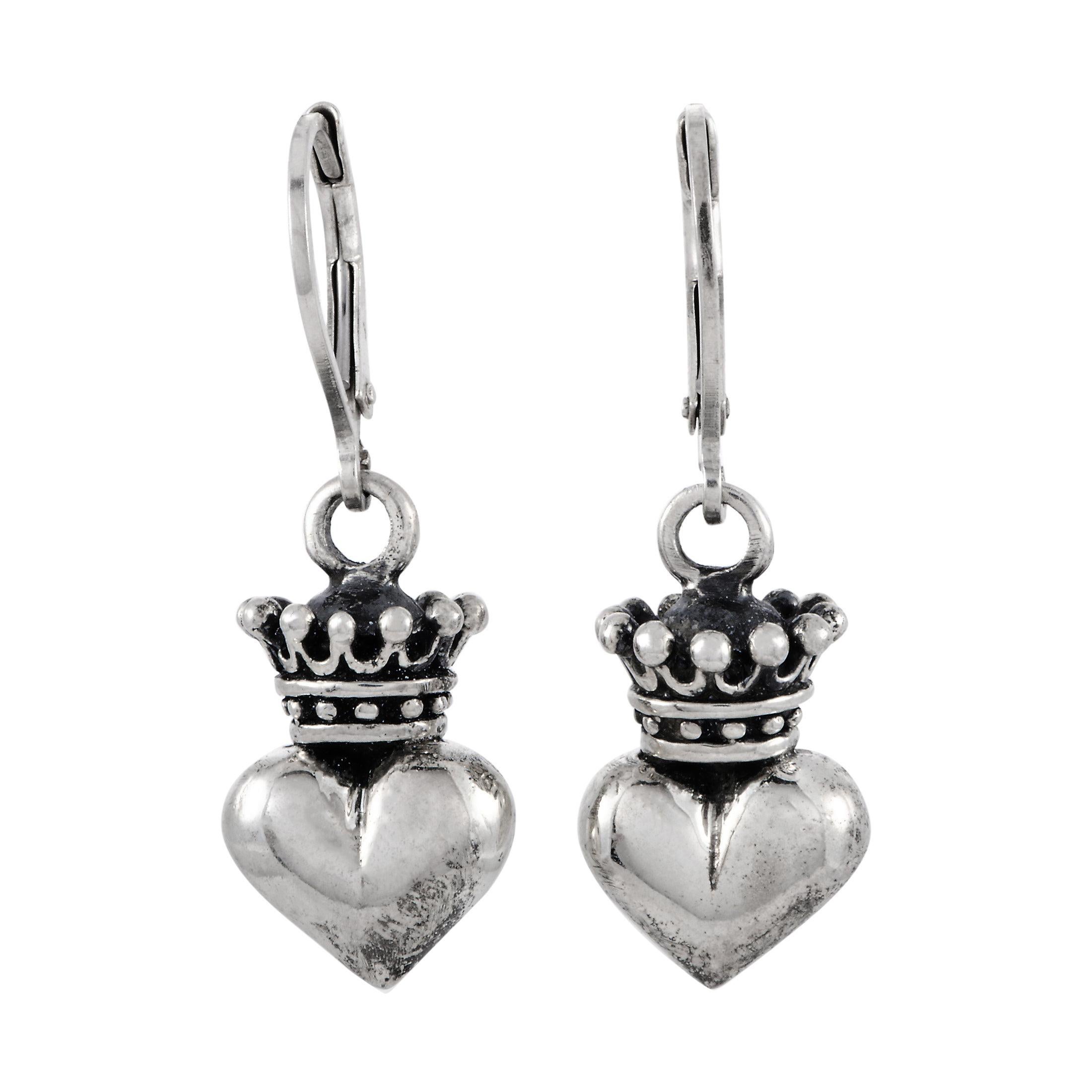 King Baby Sterling Silver Crowned Heart Dangle Earrings