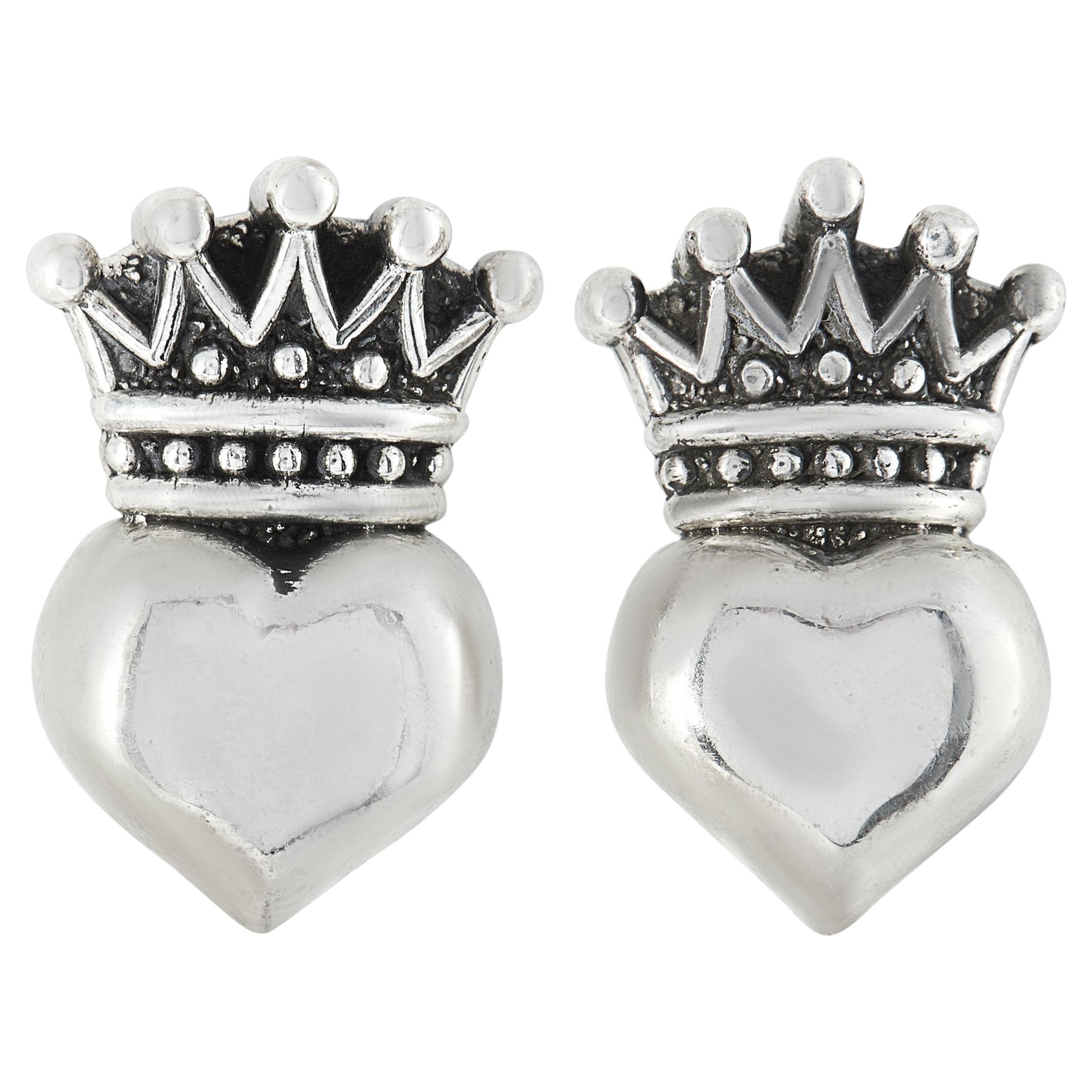 King Baby Sterling Silver Crowned Heart Stud Earrings