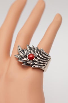 King Baby Sterling Silver Feather Ring with Coral