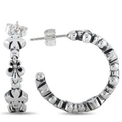 King Baby Sterling Silver MB Cross Fleur-de-Lis Hoop Earrings