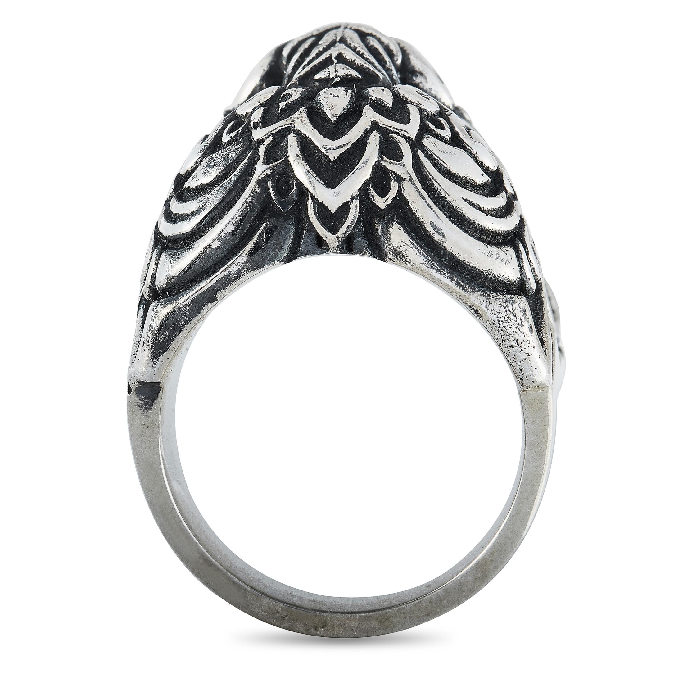 This King Baby ring is crafted from sterling silver and weighs 33.8 grams. The ring boasts band thickness of 5 mm and top height of 10 mm, while top dimensions measure 20 by 20 mm.

Offered in brand new condition, this jewelry piece includes the