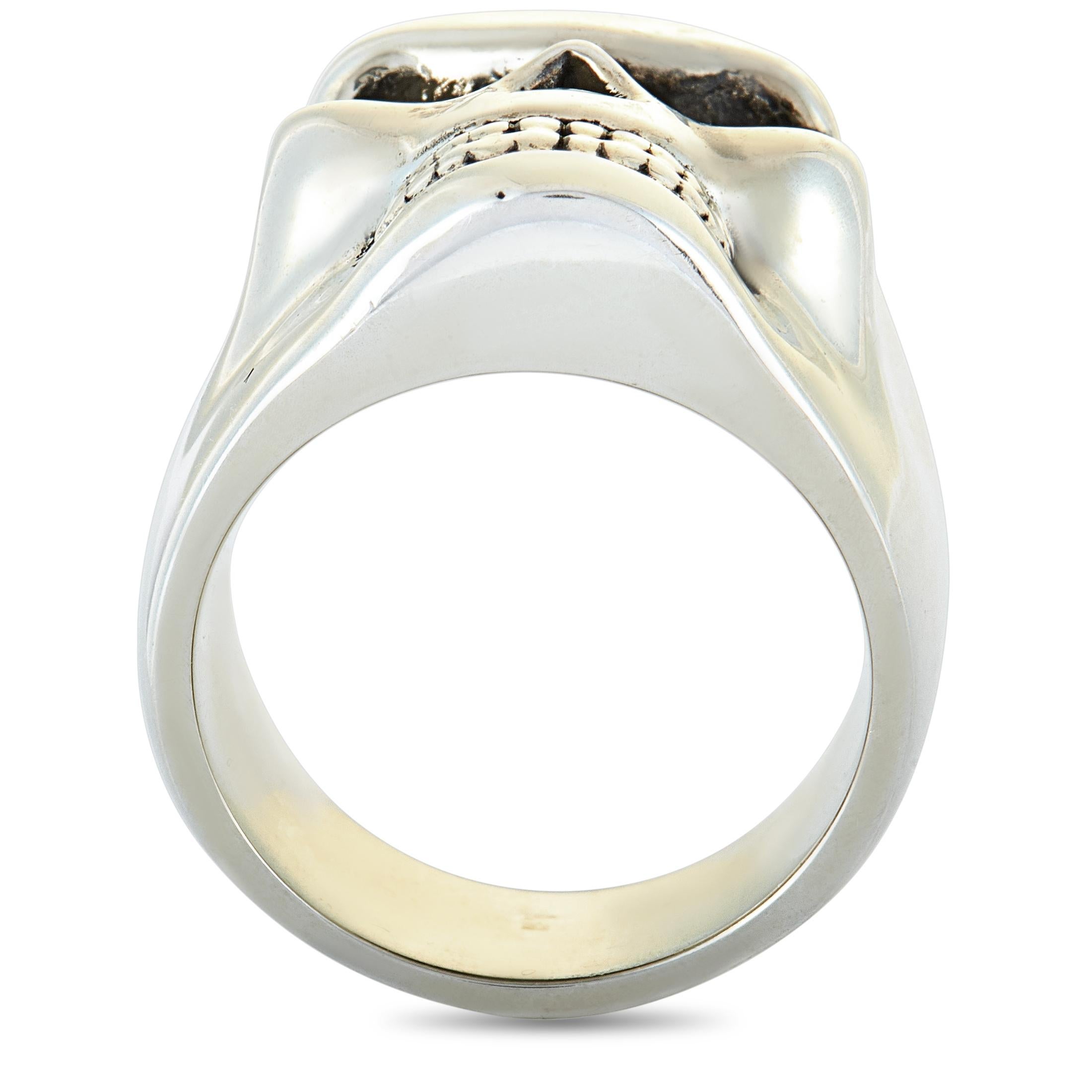 This King Baby ring is crafted from sterling silver and weighs 23.8 grams. The ring boasts band thickness of 9 mm and top height of 5 mm, while top dimensions measure 15 by 22 mm.

Offered in brand new condition, this jewelry piece includes the