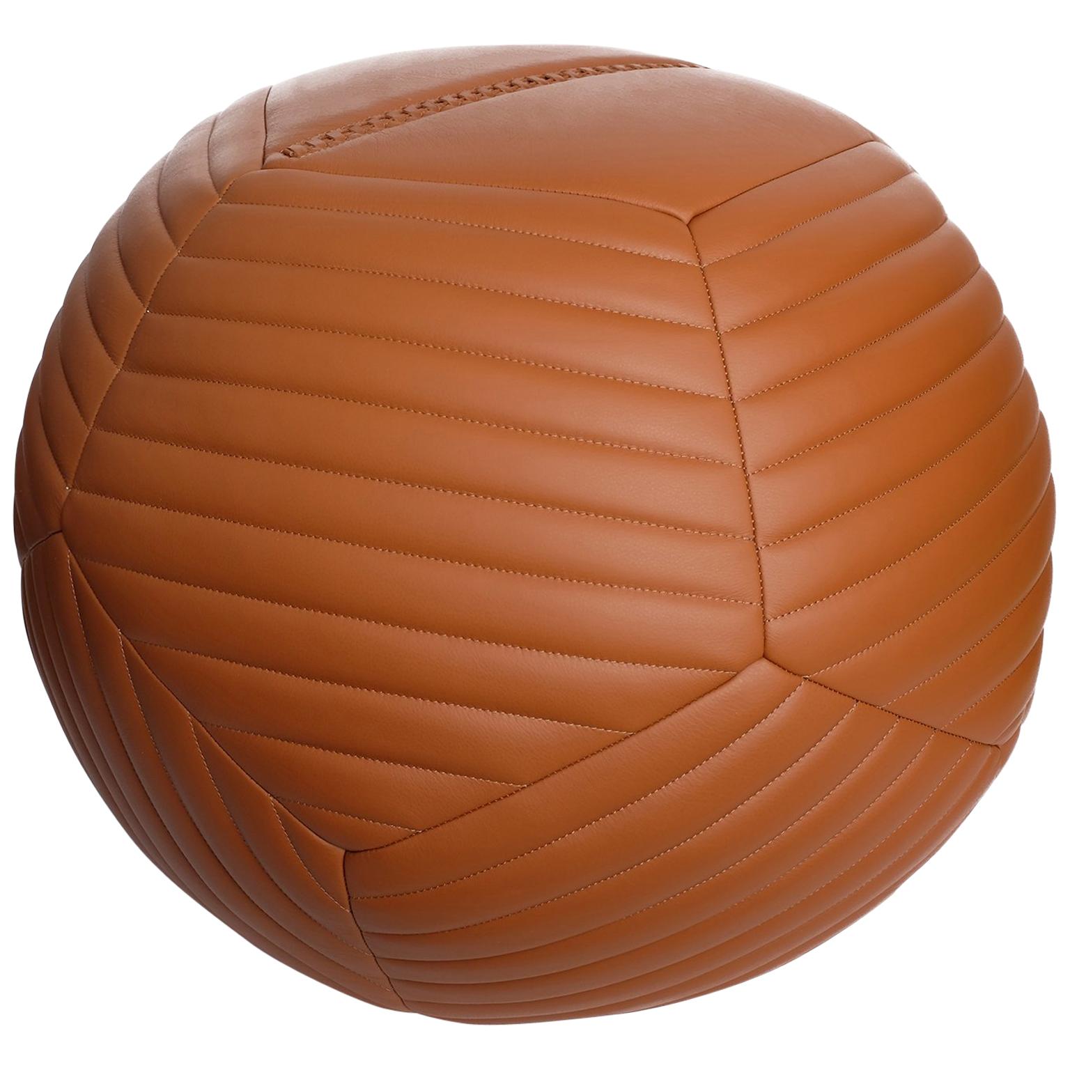 Banded Ottoman 22"Ø in Saddle Brown Leather by Moses Nadel For Sale
