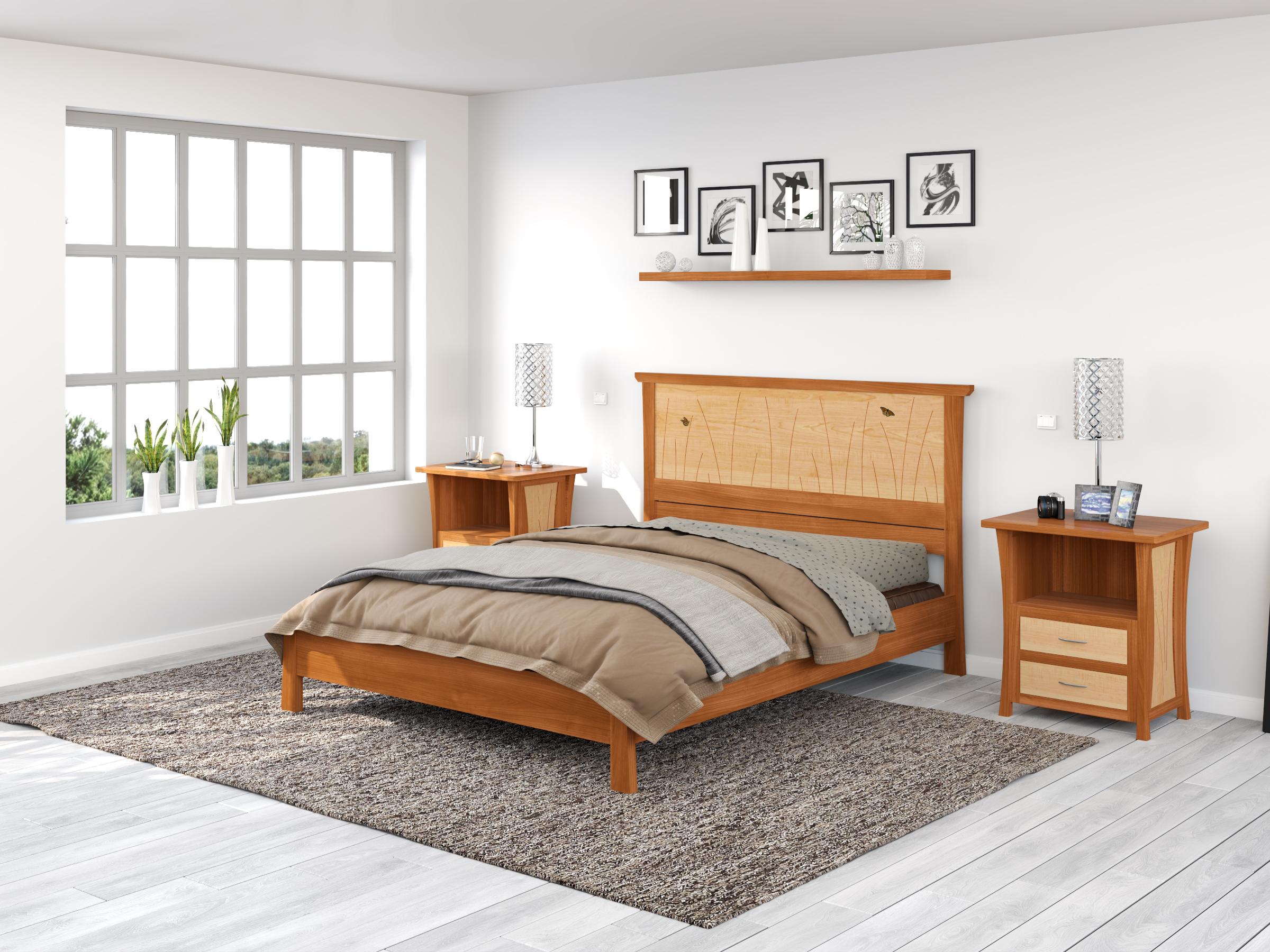 King-Bettrahmen, handgefertigt aus Kirschbaum und Ahorn mit Schmetterlingsintarsien (Skandinavische Moderne) im Angebot