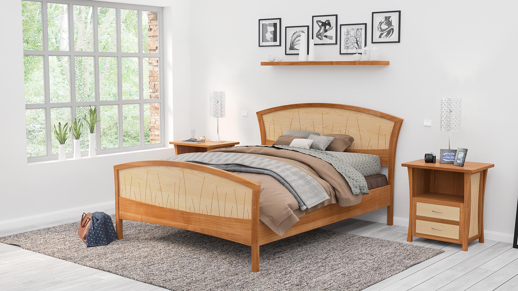 Inlay King Bed Frame, Handmade in Natural Cherry And Curly Maple 