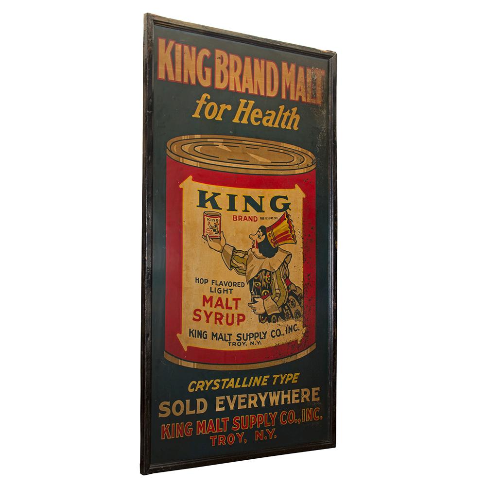 A great piece of a breweriana, this painted metal advertising sign for King’s Malt syrup has beautiful graphics and nice color. The King Malt Supply patented the image seen in this signage is 1927, which is an approximate date for its creation.