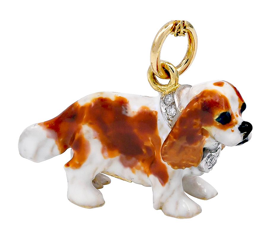 Fabulous King Charles Cavalier charm.  Beautifully detailed reddish brown, white and black enamel, wearing a diamond collar and heart-shaped tag,  Phenomenal  extra-heavy solid gauge 18K gold.  1 1/4