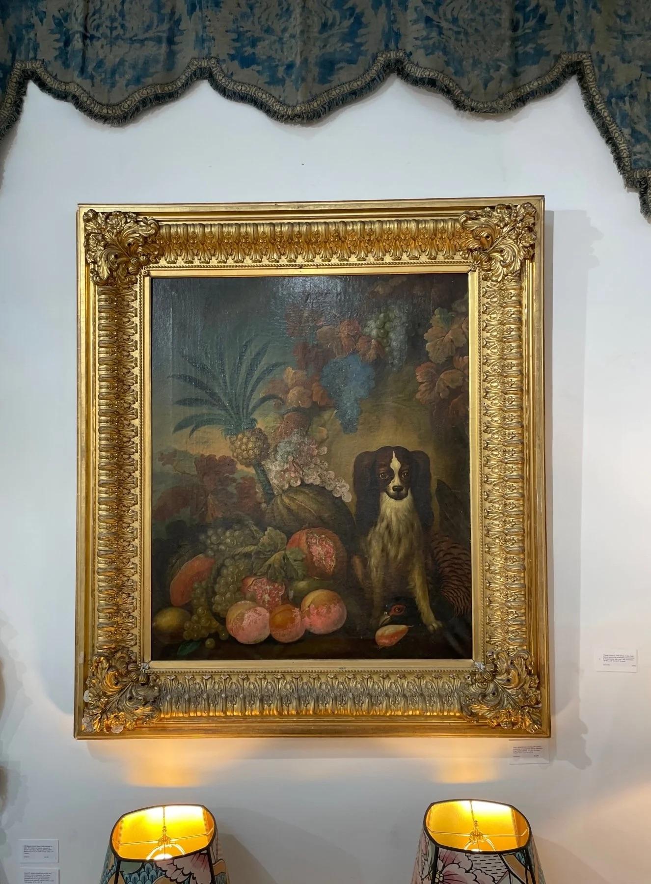 King Charles Spaniel and Tropical still life, Oil on Canvas, 18th-19th Century In Good Condition In Charlottesville, VA