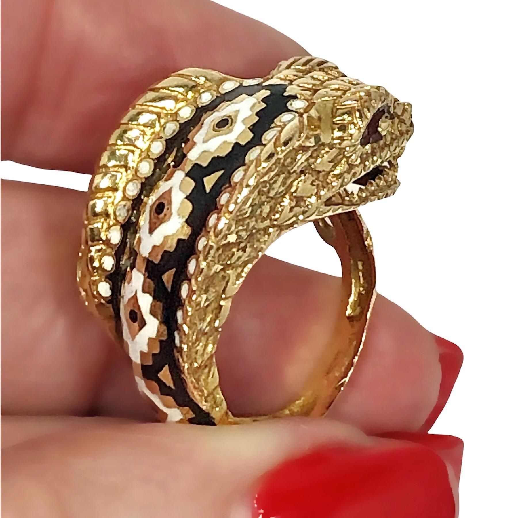 King Cobra Snake Ring in 18k Yellow Gold with Multi Color Enamel Markings For Sale 2
