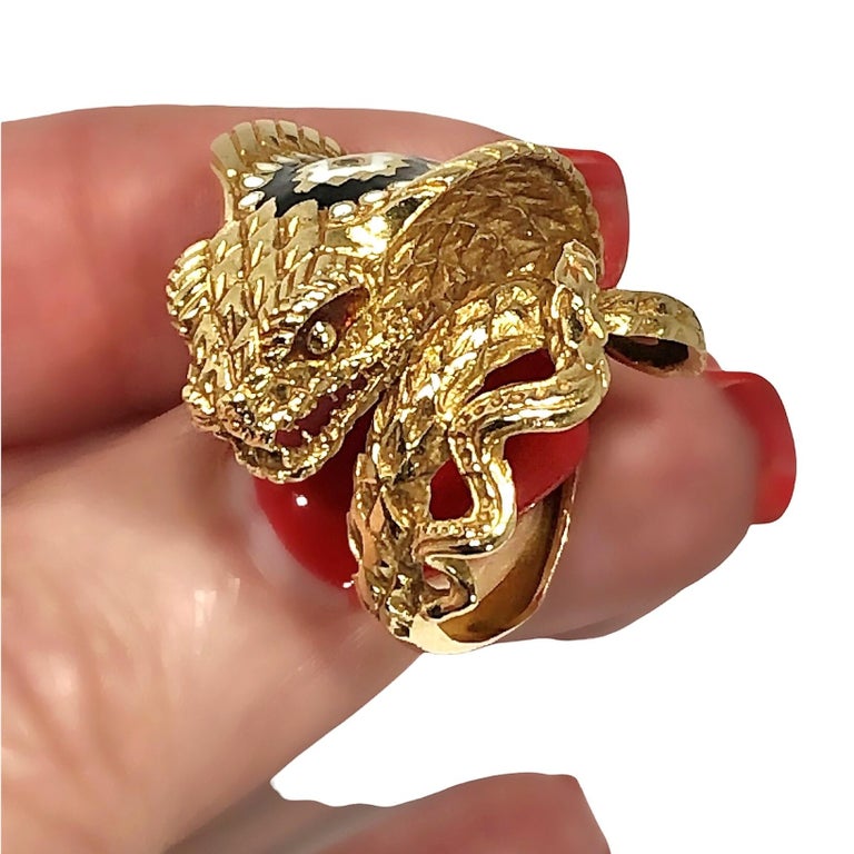 King Cobra Snake Ring in 18k Yellow Gold with Multi Color Enamel