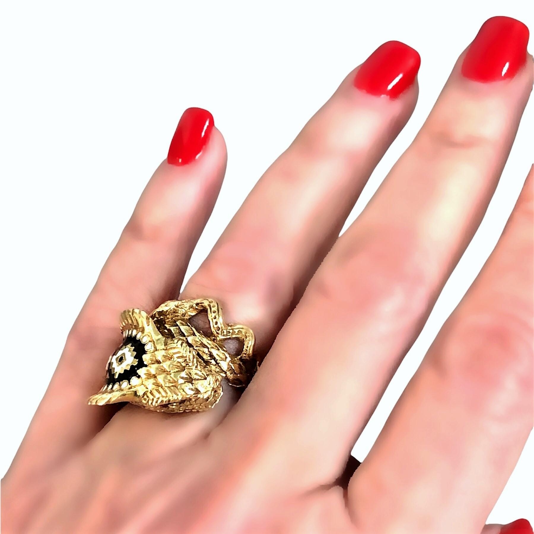King Cobra Snake Ring in 18k Yellow Gold with Multi Color Enamel Markings 8